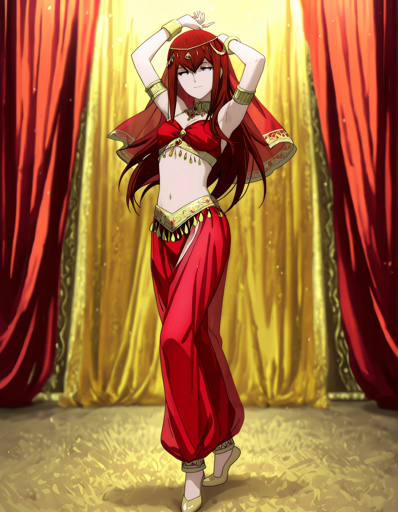 (1girl:1 . 5) , (Seul:1 . 5) , score_9 , score_8_haut , score_7_haut , source_anime , Official work , ultra-detailed , masterpiece , best quality , high resolution , beaux yeux , detailed eyes , Detailed face , beautiful detailed eyes,1girl,:blue_eyes, red_hair, long_hair,Steins;Gate,Makise Kurisu,Arabian Clothes , Arabian Dancer Outfit ,belly dancer costume,belly dancer outfit ,full body,golden jewelery,armlet, belly dancing,arabian theater,seductive smile, dancing with veil, dynamic movement,dance posture, seductive pose