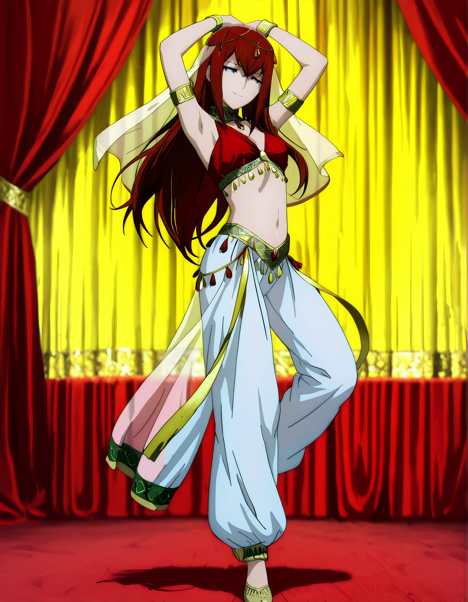 (1girl:1 . 5) , (Seul:1 . 5) , score_9 , score_8_haut , score_7_haut , source_anime , Official work , ultra-detailed , masterpiece , best quality , high resolution , beaux yeux , detailed eyes , Detailed face , beautiful detailed eyes,1girl,:blue_eyes, red_hair, long_hair,Steins;Gate,Makise Kurisu,Arabian Clothes , Arabian Dancer Outfit ,belly dancer costume,belly dancer outfit ,full body,golden jewelery,armlet, belly dancing,arabian theater,seductive smile, dancing with veil, dynamic movement,dance posture, seductive pose