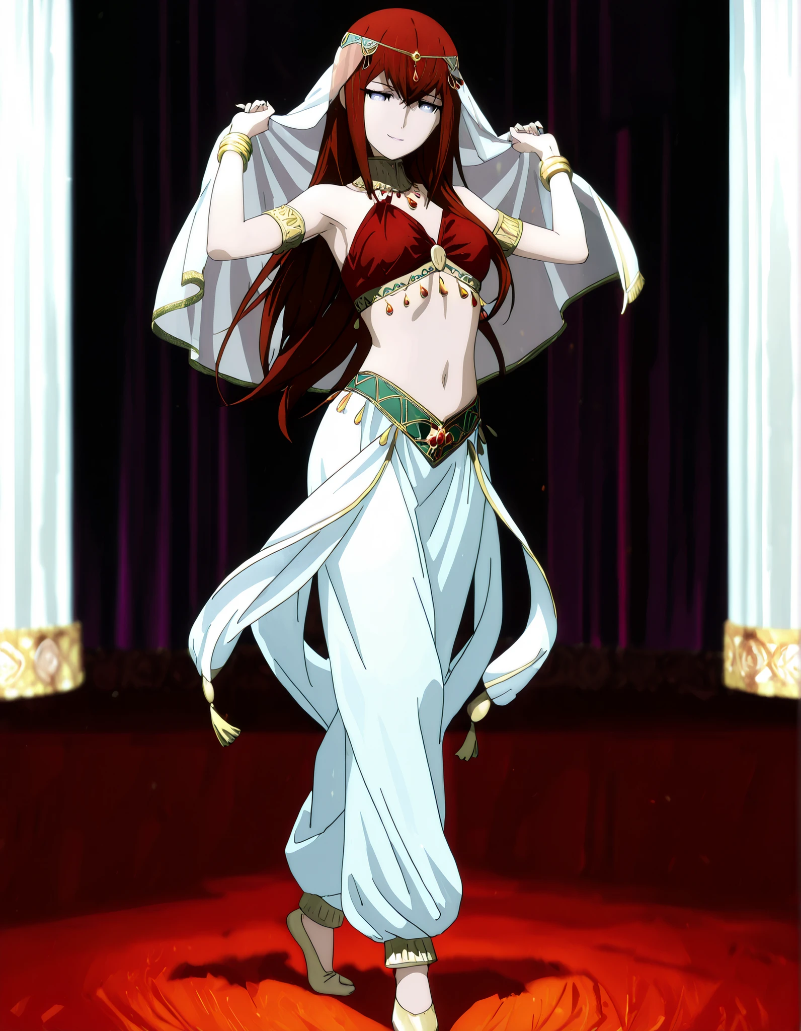 (1girl:1 . 5) , (Seul:1 . 5) , score_9 , score_8_haut , score_7_haut , source_anime , Official work , ultra-detailed , masterpiece , best quality , high resolution , beaux yeux , detailed eyes , Detailed face , beautiful detailed eyes,1girl,:blue_eyes, red_hair, long_hair,Steins;Gate,Makise Kurisu,Arabian Clothes , Arabian Dancer Outfit ,belly dancer costume,belly dancer outfit ,full body,golden jewelery,armlet, belly dancing,arabian theater,seductive smile, dancing with veil, dynamic movement,dance posture, seductive pose