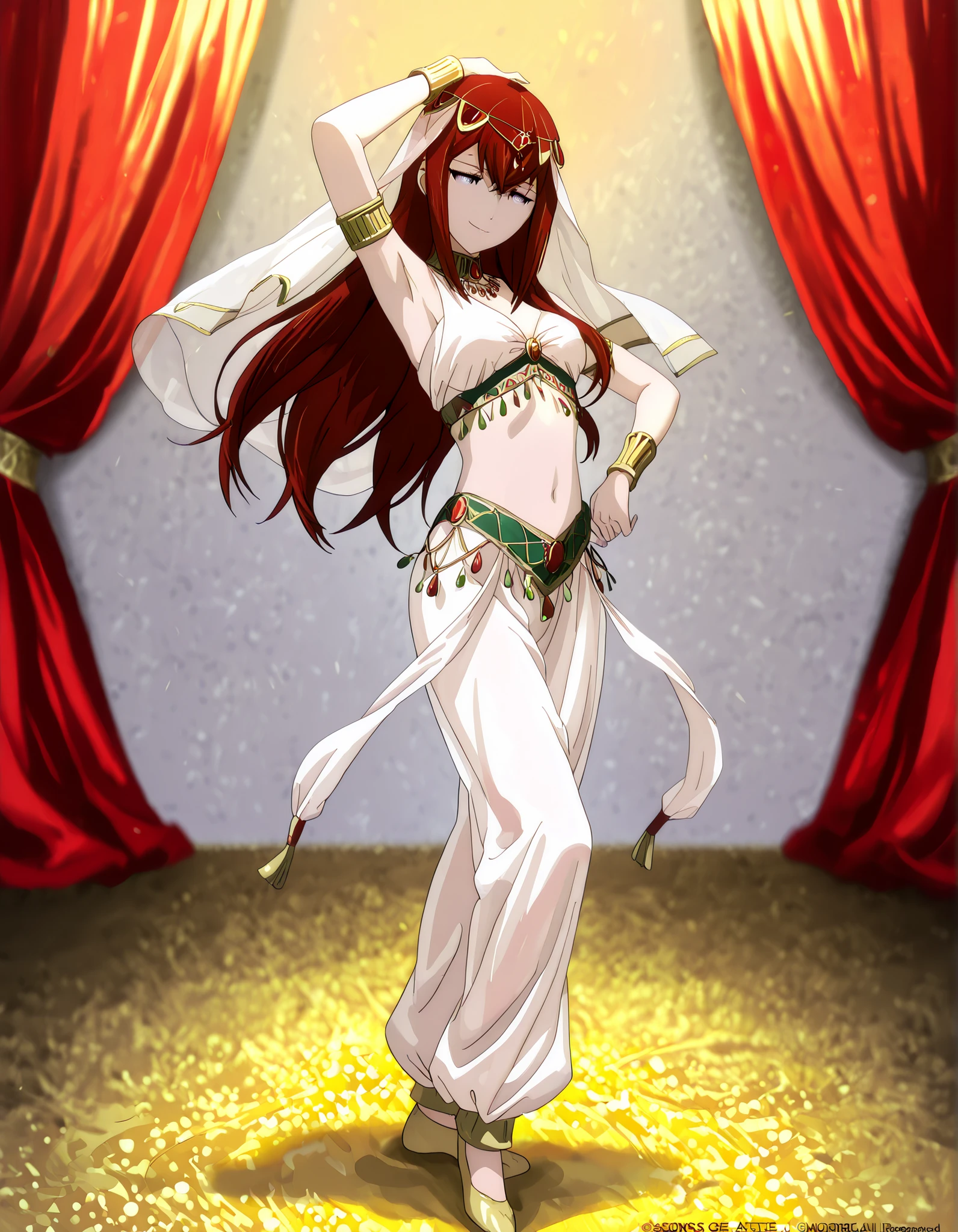 (1girl:1 . 5) , (Seul:1 . 5) , score_9 , score_8_haut , score_7_haut , source_anime , Official work , ultra-detailed , masterpiece , best quality , high resolution , beaux yeux , detailed eyes , Detailed face , beautiful detailed eyes,1girl,:blue_eyes, red_hair, long_hair,Steins;Gate,Makise Kurisu,Arabian Clothes , Arabian Dancer Outfit ,belly dancer costume,belly dancer outfit ,full body,golden jewelery,armlet, belly dancing,arabian theater,seductive smile, dancing with veil, dynamic movement,dance posture, seductive pose