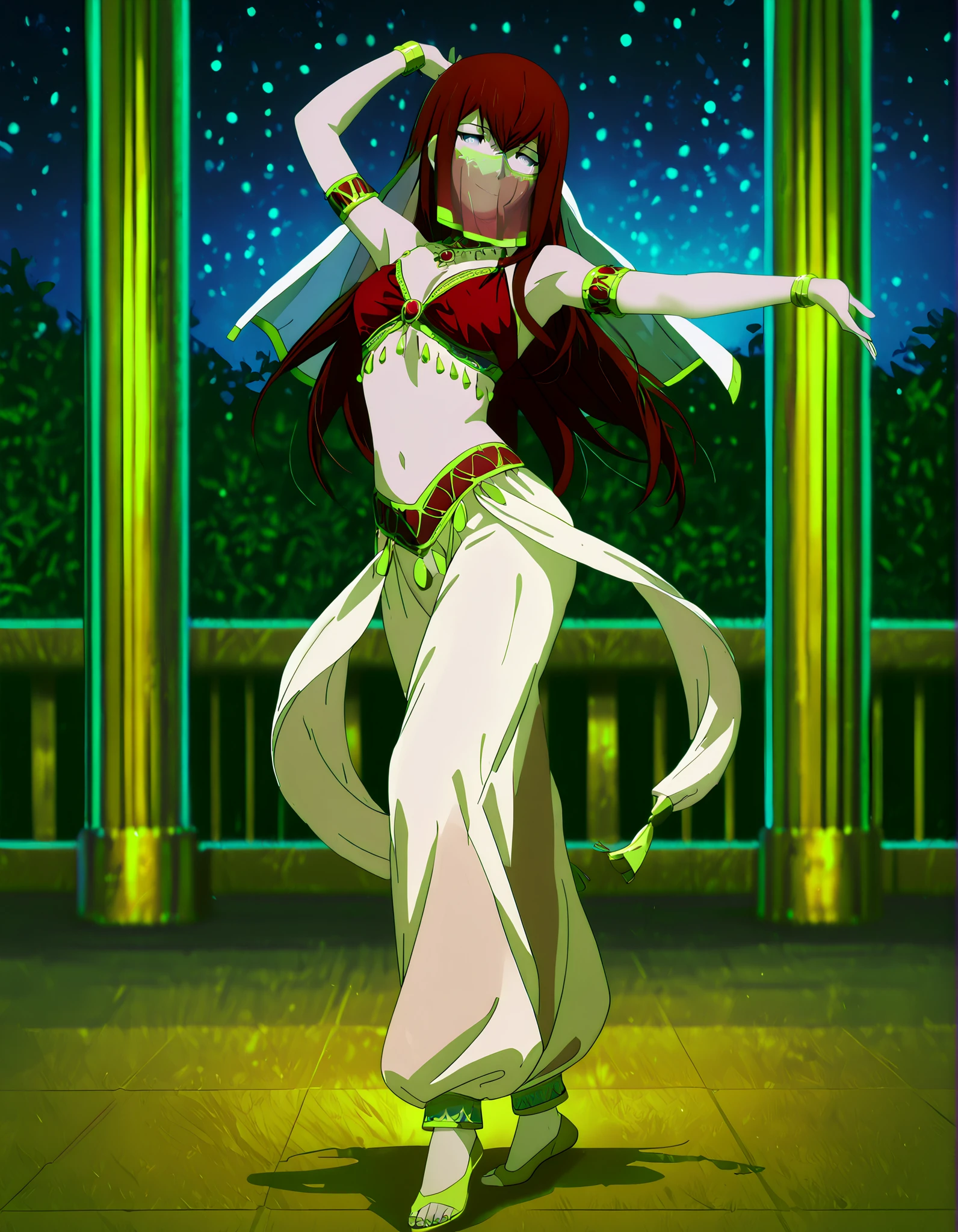 (1girl:1 . 5) , (Seul:1 . 5) , score_9 , score_8_haut , score_7_haut , source_anime , Official work , ultra-detailed , masterpiece , best quality , high resolution , beaux yeux , detailed eyes , Detailed face , beautiful detailed eyes,1girl,:blue_eyes, red_hair, long_hair,Steins;Gate,Makise Kurisu,Arabian Clothes , Arabian Dancer Outfit ,belly dancer costume,belly dancer outfit ,full body,golden jewelery,mouth veil,armlet, belly dancing,night,arabian garden,seductive smile, dancing with veil, dynamic movement,dance posture, seductive pose