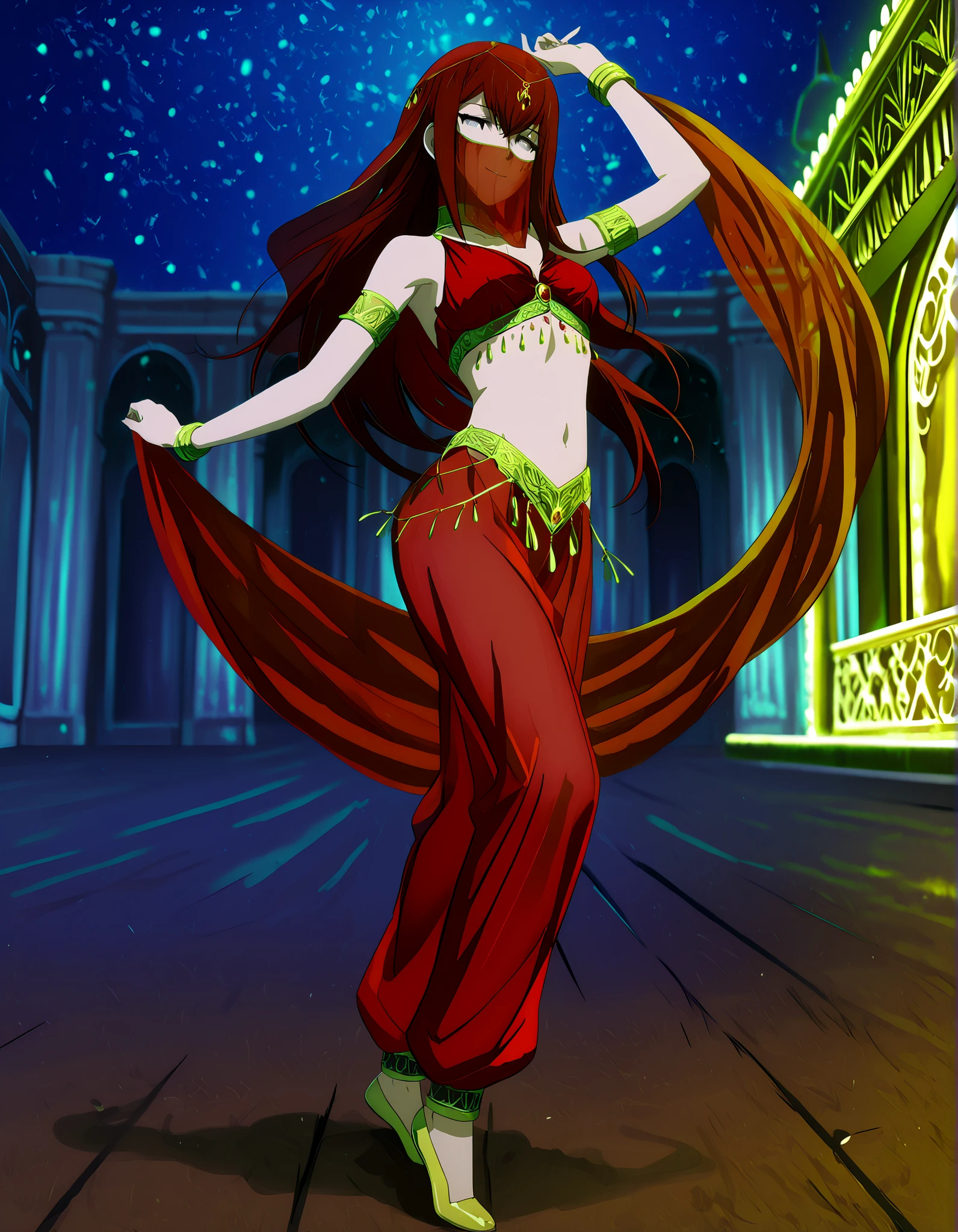 (1girl:1 . 5) , (Seul:1 . 5) , score_9 , score_8_haut , score_7_haut , source_anime , Official work , ultra-detailed , masterpiece , best quality , high resolution , beaux yeux , detailed eyes , Detailed face , beautiful detailed eyes,1girl,:blue_eyes, red_hair, long_hair,Steins;Gate,Makise Kurisu,Arabian Clothes , Arabian Dancer Outfit ,belly dancer costume,belly dancer outfit ,full body,golden jewelery,mouth veil,armlet, belly dancing,night,arabian garden,seductive smile, dancing with veil, dynamic movement,dance posture, seductive pose