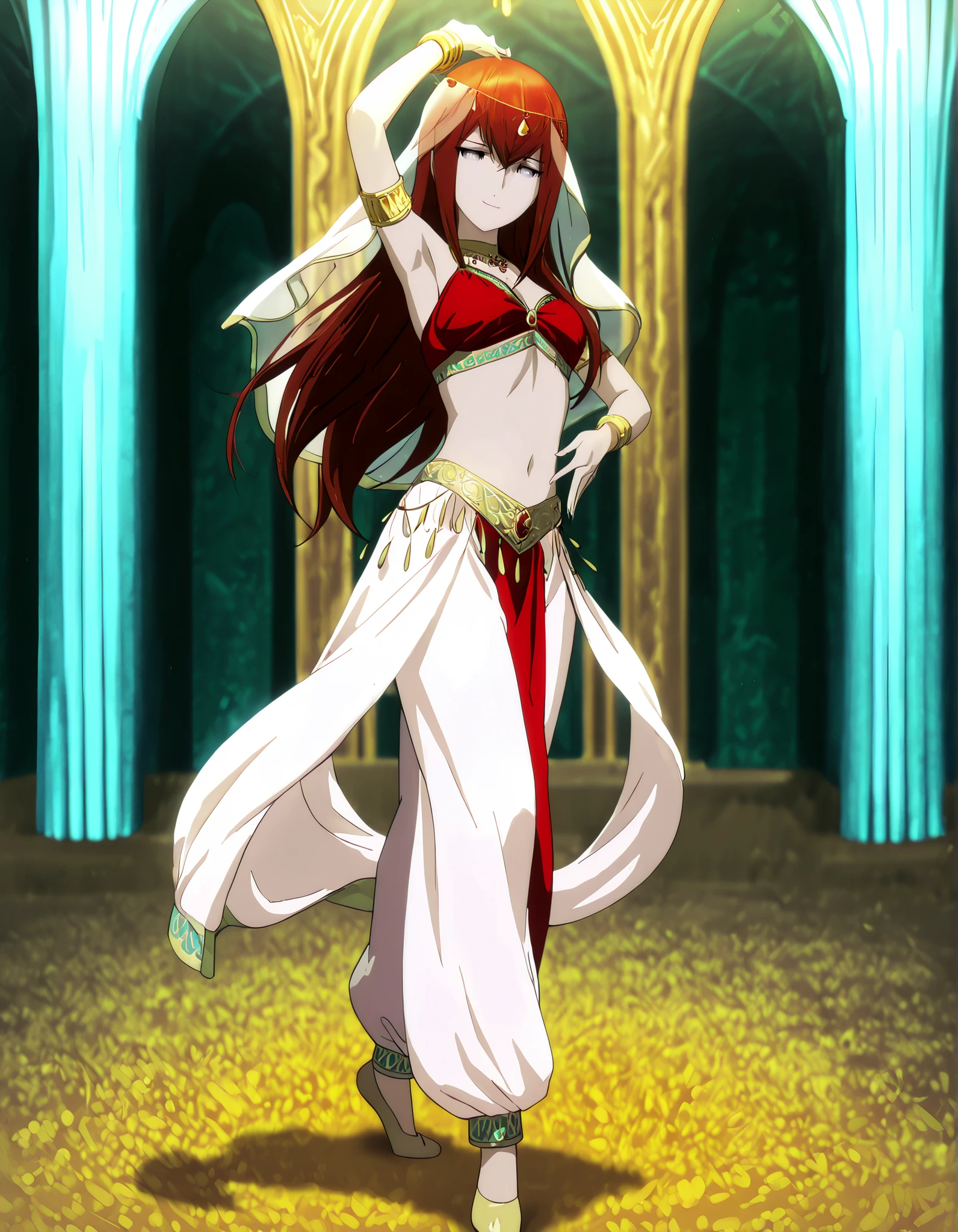 (1girl:1 . 5) , (Seul:1 . 5) , score_9 , score_8_haut , score_7_haut , source_anime , Official work , ultra-detailed , masterpiece , best quality , high resolution , beaux yeux , detailed eyes , Detailed face , beautiful detailed eyes,1girl,:blue_eyes, red_hair, long_hair,Steins;Gate,Makise Kurisu,Arabian Clothes , Arabian Dancer Outfit ,belly dancer costume,belly dancer outfit ,full body,golden jewelery,armlet, belly dancing,arabian garden,seductive smile, dancing with veil, dynamic movement,dance posture, seductive pose