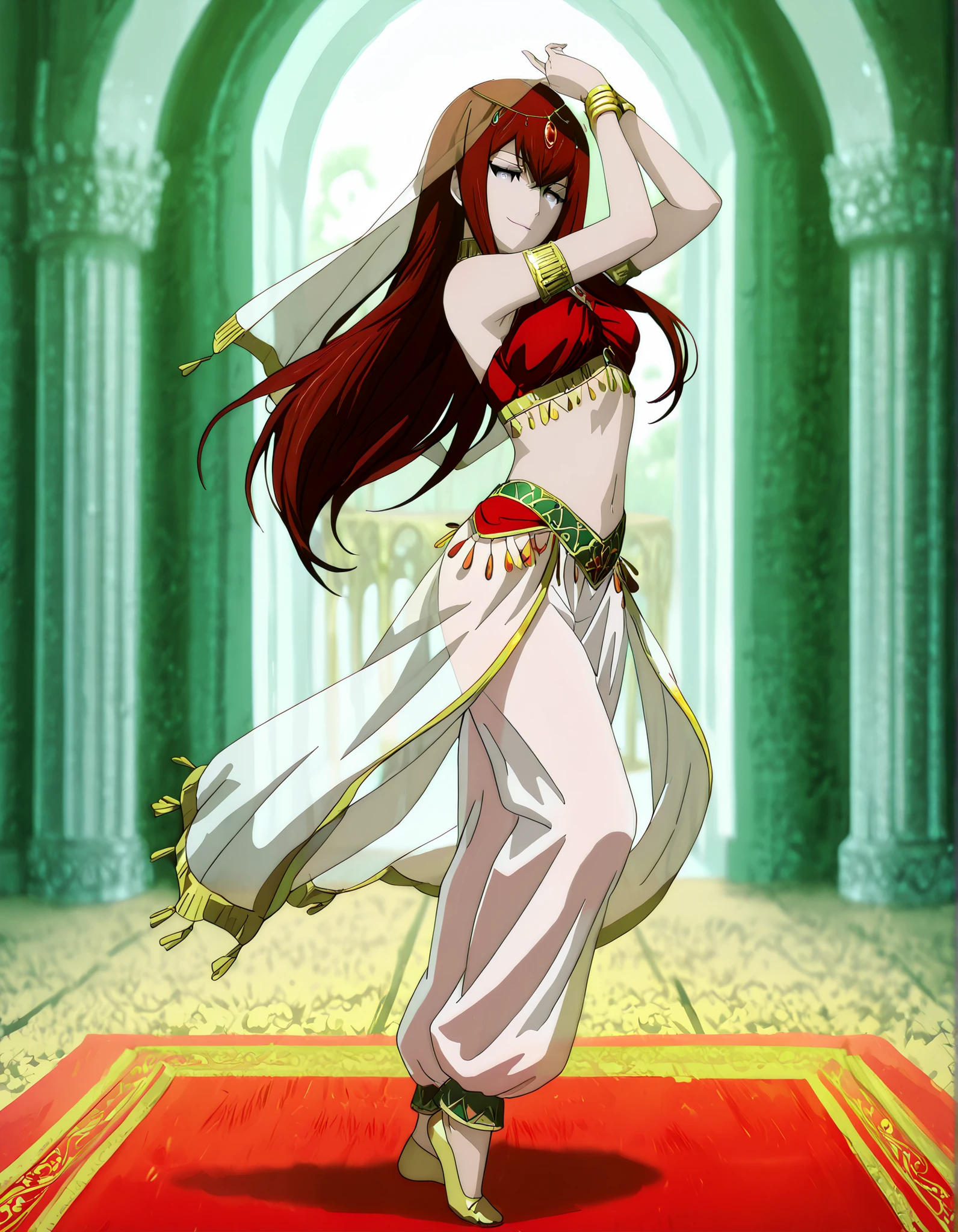 (1girl:1 . 5) , (Seul:1 . 5) , score_9 , score_8_haut , score_7_haut , source_anime , Official work , ultra-detailed , masterpiece , best quality , high resolution , beaux yeux , detailed eyes , Detailed face , beautiful detailed eyes,1girl,:blue_eyes, red_hair, long_hair,Steins;Gate,Makise Kurisu,Arabian Clothes , Arabian Dancer Outfit ,belly dancer costume,belly dancer outfit ,full body,golden jewelery,armlet, belly dancing,arabian garden,seductive smile, dancing with veil, dynamic movement,dance posture, seductive pose