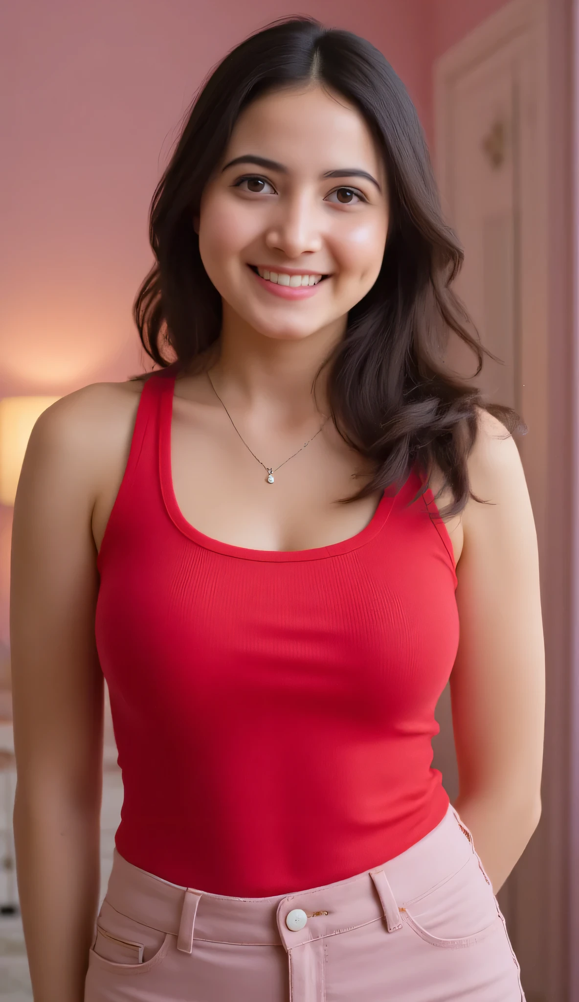 Create a bright, energetic close-up of a cheerful young woman standing in a pastel-themed room with soft lighting. She's wearing a form-fitting red tank top and a delicate silver teardrop pendant necklace. Her long, voluminous hair flows naturally, her ample bust reveals a hint of cleavage, while she smiles playfully, occasionally glancing at the camera or smoothing her hair. The atmosphere is fun and relaxed, like a casual video shot in her room. Capture her cheerful expression, natural movements, and warm eye contact.