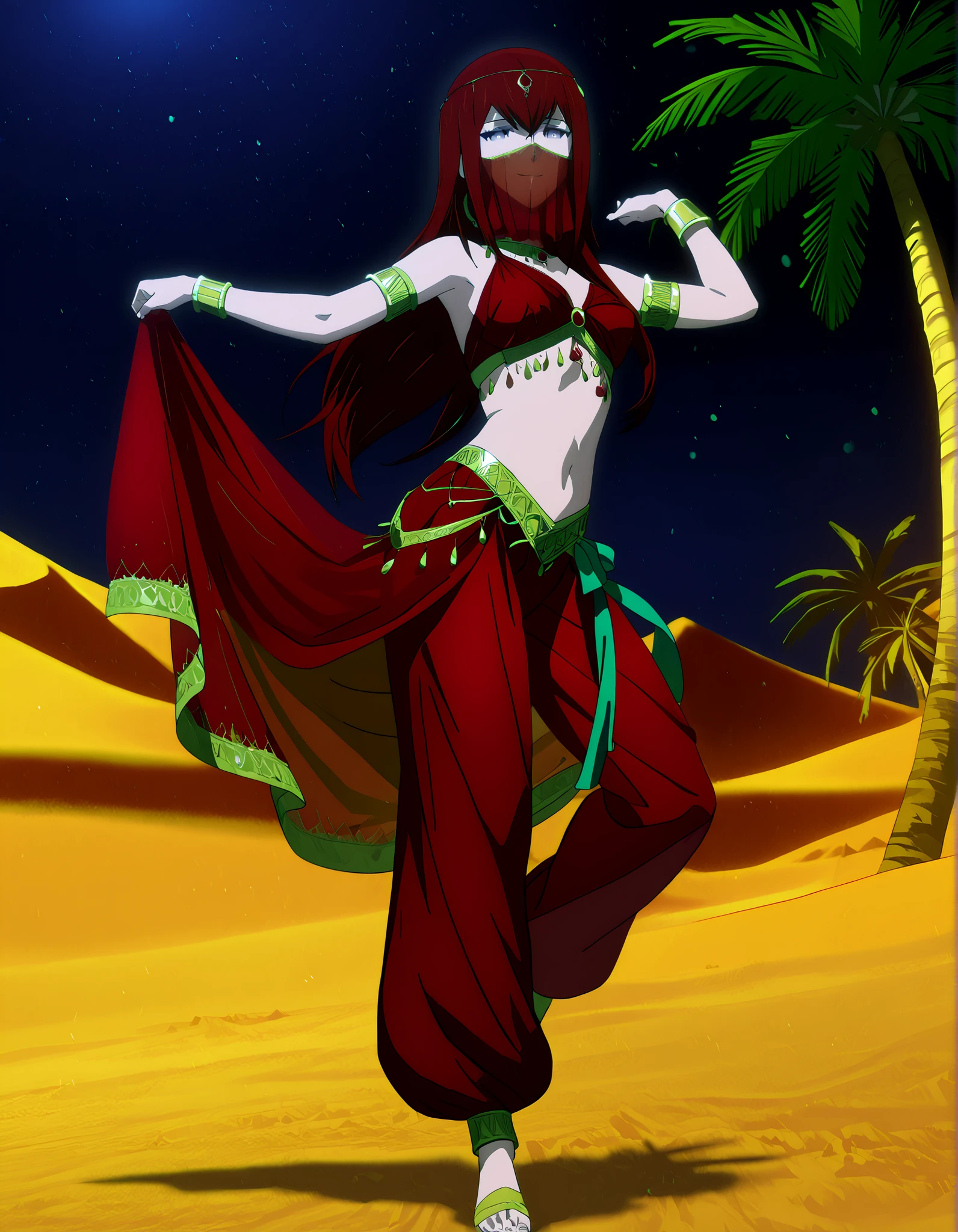 (1girl:1 . 5) , (Seul:1 . 5) , score_9 , score_8_haut , score_7_haut , source_anime , Official work , ultra-detailed , masterpiece , best quality , high resolution , beaux yeux , detailed eyes , Detailed face , beautiful detailed eyes,1girl,:blue_eyes, red_hair, long_hair,Steins;Gate,Makise Kurisu,Arabian Clothes , Arabian Dancer Outfit ,belly dancer costume,belly dancer outfit ,full body,golden jewelery,mouth veil,armlet, belly dancing,night,desert lands,palm tree,seductive smile, dancing with veil, dynamic movement,dance posture, seductive pose