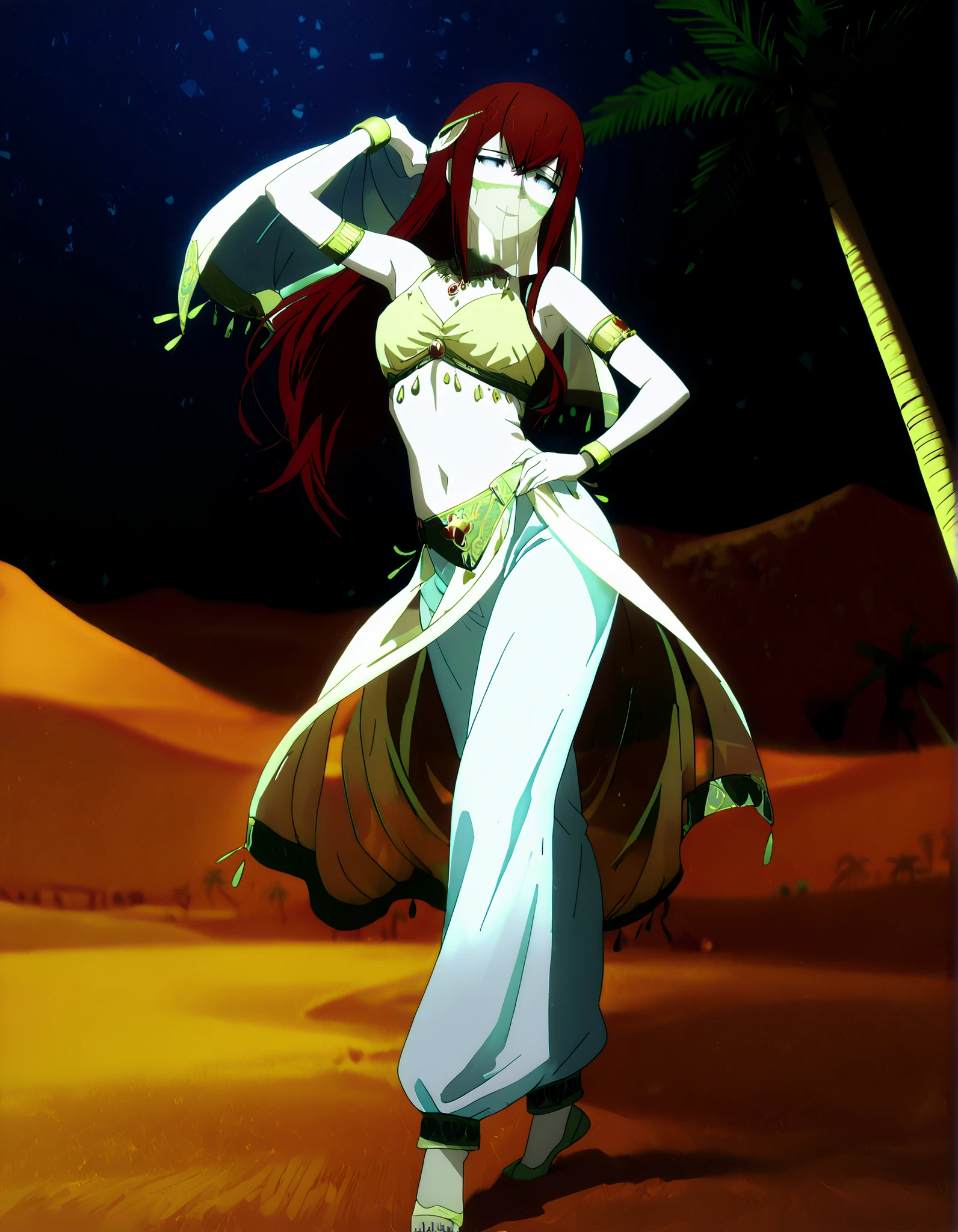 (1girl:1 . 5) , (Seul:1 . 5) , score_9 , score_8_haut , score_7_haut , source_anime , Official work , ultra-detailed , masterpiece , best quality , high resolution , beaux yeux , detailed eyes , Detailed face , beautiful detailed eyes,1girl,:blue_eyes, red_hair, long_hair,Steins;Gate,Makise Kurisu,Arabian Clothes , Arabian Dancer Outfit ,belly dancer costume,belly dancer outfit ,full body,golden jewelery,mouth veil,armlet, belly dancing,night,desert lands,palm tree,seductive smile, dancing with veil, dynamic movement,dance posture, seductive pose