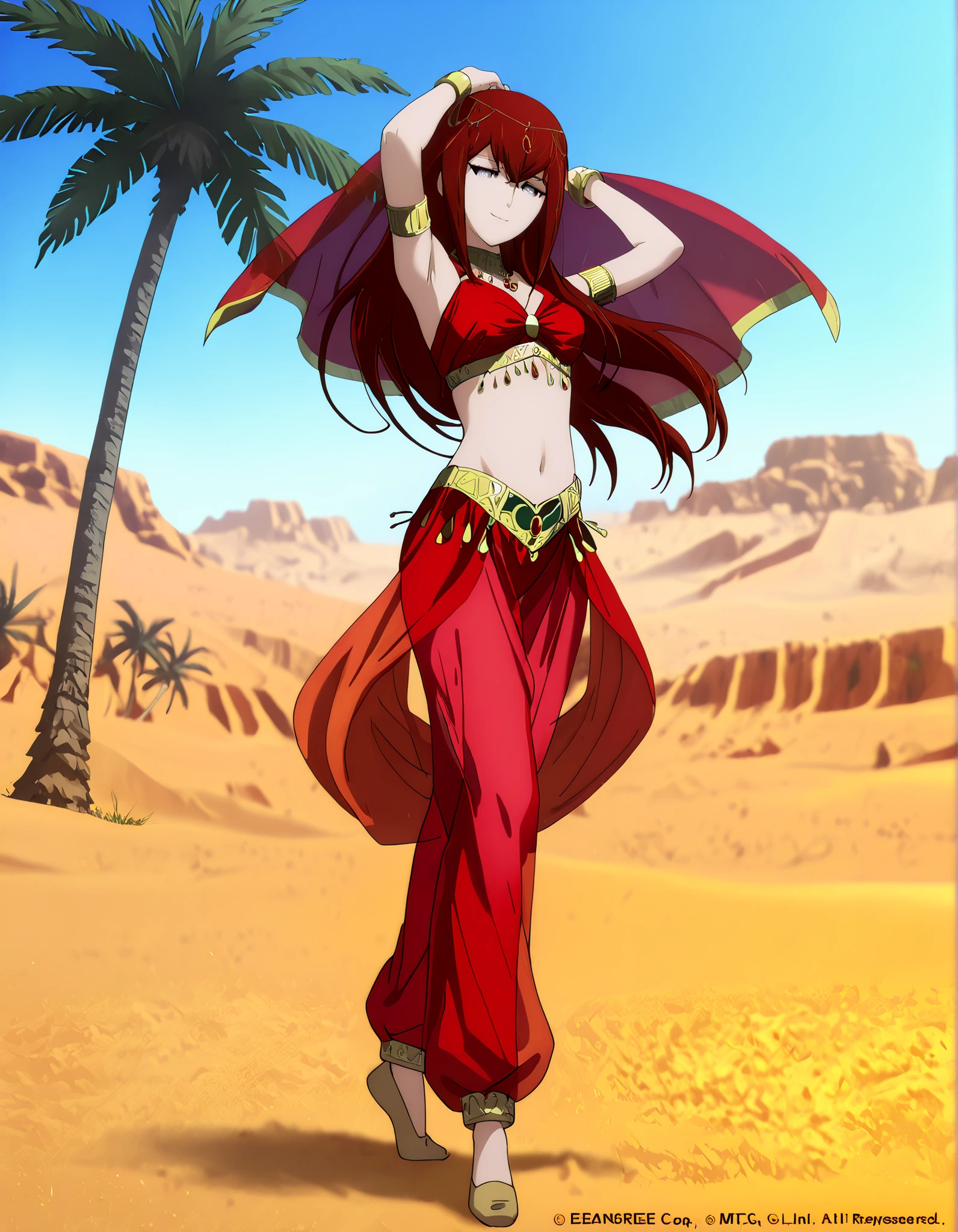 (1girl:1 . 5) , (Seul:1 . 5) , score_9 , score_8_haut , score_7_haut , source_anime , Official work , ultra-detailed , masterpiece , best quality , high resolution , beaux yeux , detailed eyes , Detailed face , beautiful detailed eyes,1girl,:blue_eyes, red_hair, long_hair,Steins;Gate,Makise Kurisu,Arabian Clothes , Arabian Dancer Outfit ,belly dancer costume,belly dancer outfit ,full body,golden jewelery,armlet, belly dancing,desert lands,palm tree,seductive smile, dancing with veil, dynamic movement,dance posture, seductive pose