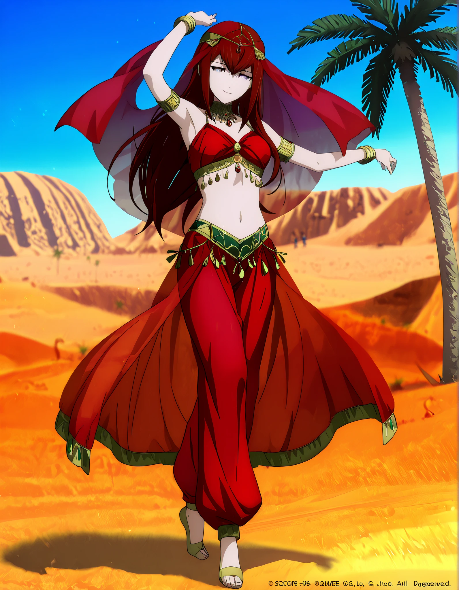 (1girl:1 . 5) , (Seul:1 . 5) , score_9 , score_8_haut , score_7_haut , source_anime , Official work , ultra-detailed , masterpiece , best quality , high resolution , beaux yeux , detailed eyes , Detailed face , beautiful detailed eyes,1girl,:blue_eyes, red_hair, long_hair,Steins;Gate,Makise Kurisu,Arabian Clothes , Arabian Dancer Outfit ,belly dancer costume,belly dancer outfit ,full body,golden jewelery,armlet, belly dancing,desert lands,palm tree,seductive smile, dancing with veil, dynamic movement,dance posture, seductive pose