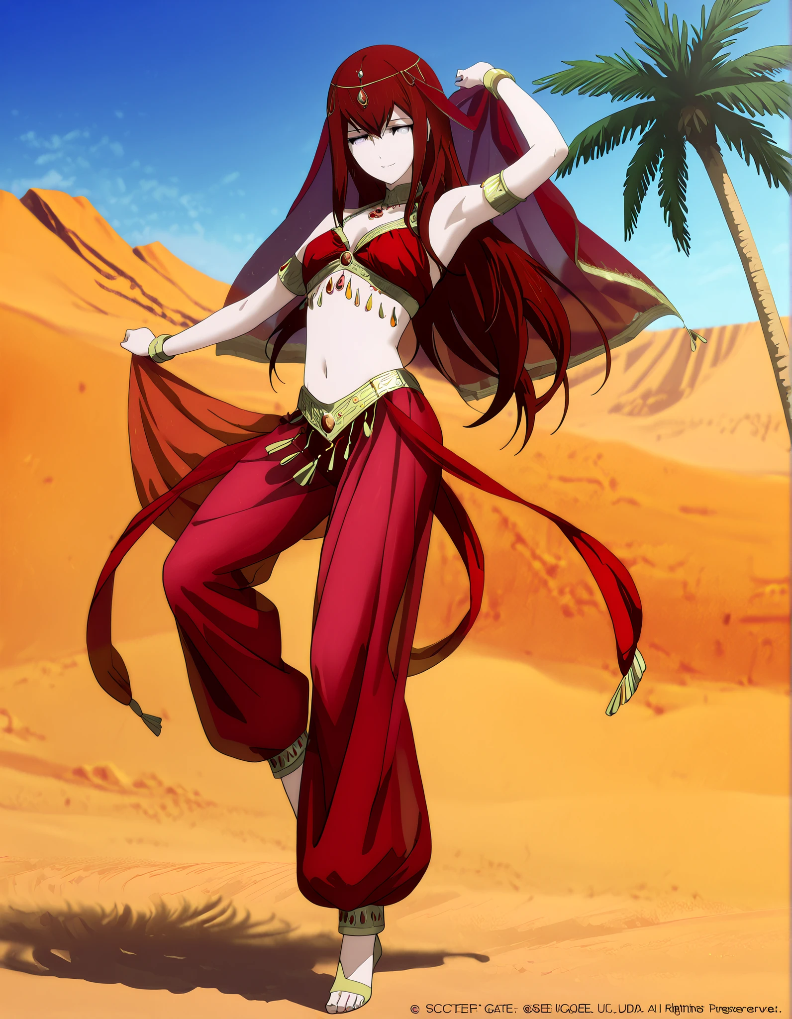 (1girl:1 . 5) , (Seul:1 . 5) , score_9 , score_8_haut , score_7_haut , source_anime , Official work , ultra-detailed , masterpiece , best quality , high resolution , beaux yeux , detailed eyes , Detailed face , beautiful detailed eyes,1girl,:blue_eyes, red_hair, long_hair,Steins;Gate,Makise Kurisu,Arabian Clothes , Arabian Dancer Outfit ,belly dancer costume,belly dancer outfit ,full body,golden jewelery,armlet, belly dancing,desert lands,palm tree,seductive smile, dancing with veil, dynamic movement,dance posture, seductive pose