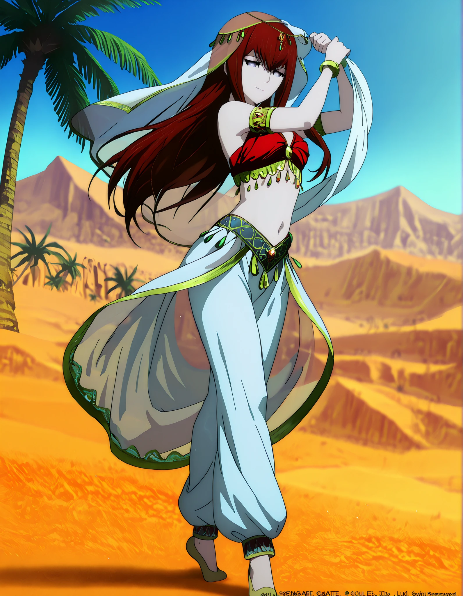 (1girl:1 . 5) , (Seul:1 . 5) , score_9 , score_8_haut , score_7_haut , source_anime , Official work , ultra-detailed , masterpiece , best quality , high resolution , beaux yeux , detailed eyes , Detailed face , beautiful detailed eyes,1girl,:blue_eyes, red_hair, long_hair,Steins;Gate,Makise Kurisu,Arabian Clothes , Arabian Dancer Outfit ,belly dancer costume,belly dancer outfit ,full body,golden jewelery,armlet, belly dancing,desert lands,palm tree,seductive smile, dancing with veil, dynamic movement,dance posture, seductive pose