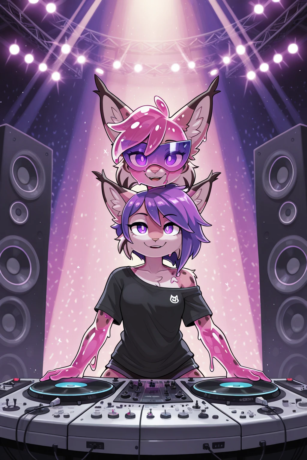 ((sfw)) Solo, A cute anthro, (((half hyena half deer))), male, (cute snout:1.2) full body, ((by hyattlen, by fumiko, ((by zackary, by fumiko)), solo, anthro, male deer, deer antlers, Bright brown fur body, ((brown ears)), red hair, mullet, detailed eyes,  (heterochromatic eyes), diferent color eyes, one red eye and one green eye, bright white neck, dark hyena spots, white fawn spots, white chest, perfect drawn tail, hyena arms, hyena paws, soft and warm chest, verry fluffy body, smirk, toned body, great , femboy jock, big ass, looking at the viwer, bedroom eyes, half lidded eyes, well drawn hands, wearing a cropped sea true plastic top over a fishinet undershirt, street wear pants with buckles and chains in a neon orange, earrings, eyebrow piercing, good , detail, dancing, at a nightclub, club lighting, neon color scheme, dark purple dark blue and magenta color scheme, cyberpunk, lots of neons, rave, (full body),