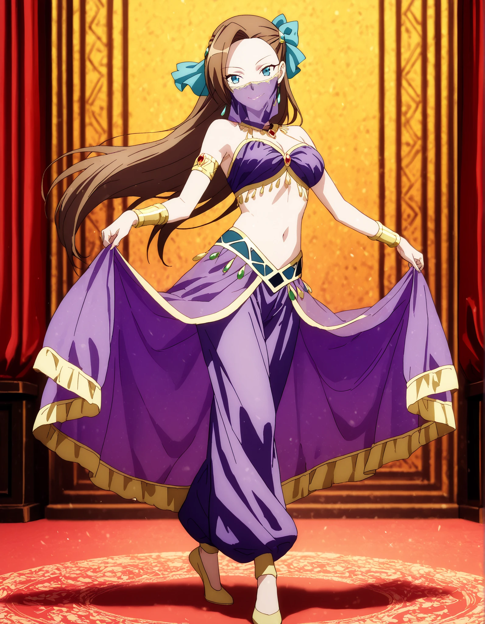 (1girl:1 . 5) , (Seul:1 . 5) , score_9 , score_8_haut , score_7_haut , source_anime , Official work  , ultra-detailed , masterpiece , best quality , high resolution , beaux yeux , detailed eyes , Detailed face , beautiful detailed eyes,1girl, long hair, bangs, brown hair, blue eyes, asymmetrical bangs,hair ornament,hair bow,- My Next Life as a Villainess: All Routes Lead to Doom! ,Catarina Claes,Arabian Clothes , Arabian Dancer Outfit ,belly dancer costume,belly dancer outfit ,full body,golden jewelery,mouth veil,armlet, belly dancing,arabian theater,seductive smile, dancing with veil, dynamic movement,dance posture, seductive pose