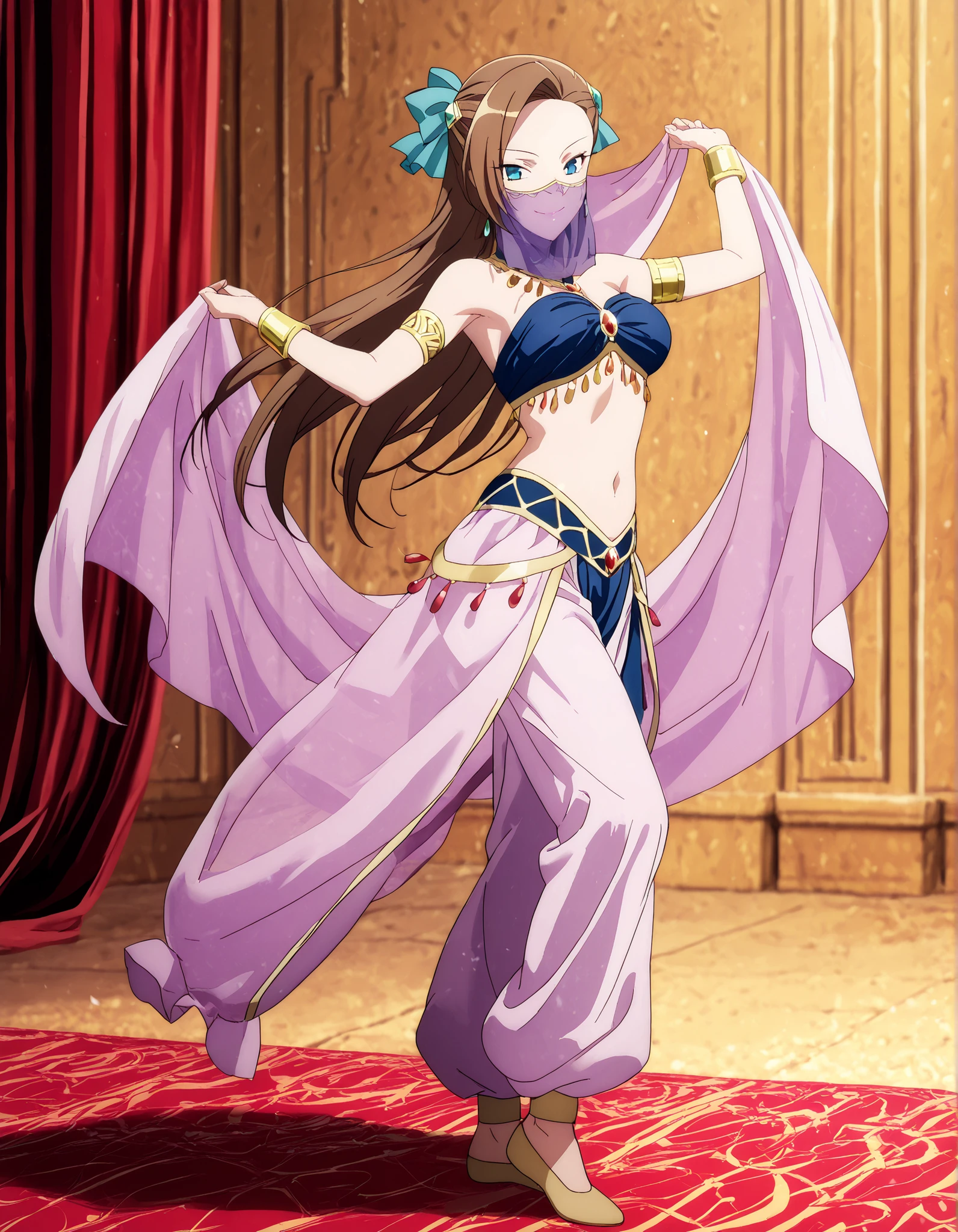 (1girl:1 . 5) , (Seul:1 . 5) , score_9 , score_8_haut , score_7_haut , source_anime , Official work  , ultra-detailed , masterpiece , best quality , high resolution , beaux yeux , detailed eyes , Detailed face , beautiful detailed eyes,1girl, long hair, bangs, brown hair, blue eyes, asymmetrical bangs,hair ornament,hair bow,- My Next Life as a Villainess: All Routes Lead to Doom! ,Catarina Claes,Arabian Clothes , Arabian Dancer Outfit ,belly dancer costume,belly dancer outfit ,full body,golden jewelery,mouth veil,armlet, belly dancing,arabian theater,seductive smile, dancing with veil, dynamic movement,dance posture, seductive pose