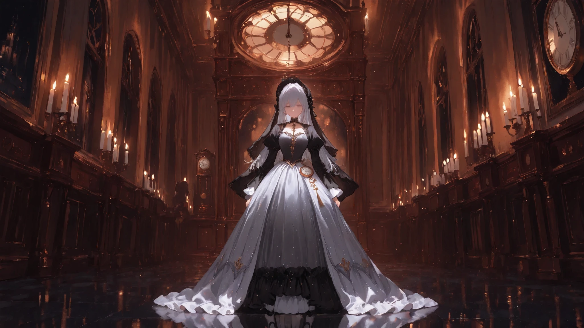 A gothic ballroom bathed in pale moonlight, an antique clock striking midnight. A lone woman in a flowing black and silver dress stands beneath flickering candlelight, her reflection shimmering on the marble floor. The atmosphere is mysterious and elegant, filled with shadows and silence, as if she has been invited by unseen spirits. Cinematic lighting, ultra-detailed, ethereal mood.最高品質