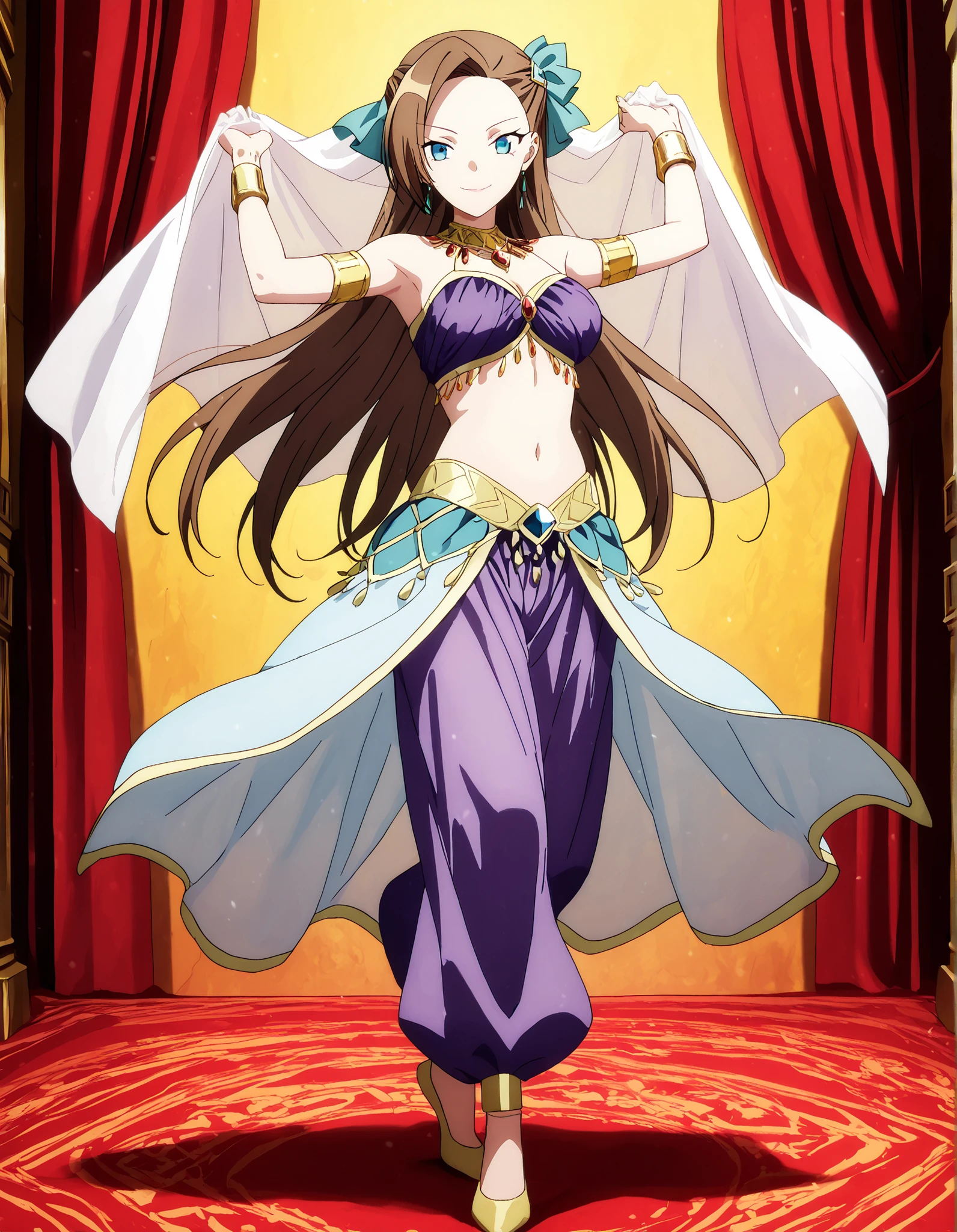 (1girl:1 . 5) , (Seul:1 . 5) , score_9 , score_8_haut , score_7_haut , source_anime , Official work  , ultra-detailed , masterpiece , best quality , high resolution , beaux yeux , detailed eyes , Detailed face , beautiful detailed eyes,1girl, long hair, bangs, brown hair, blue eyes, asymmetrical bangs,hair ornament,hair bow,- My Next Life as a Villainess: All Routes Lead to Doom! ,Catarina Claes,Arabian Clothes , Arabian Dancer Outfit ,belly dancer costume,belly dancer outfit ,full body,golden jewelery,armlet, belly dancing,arabian theater,seductive smile, dancing with veil, dynamic movement,dance posture, seductive pose