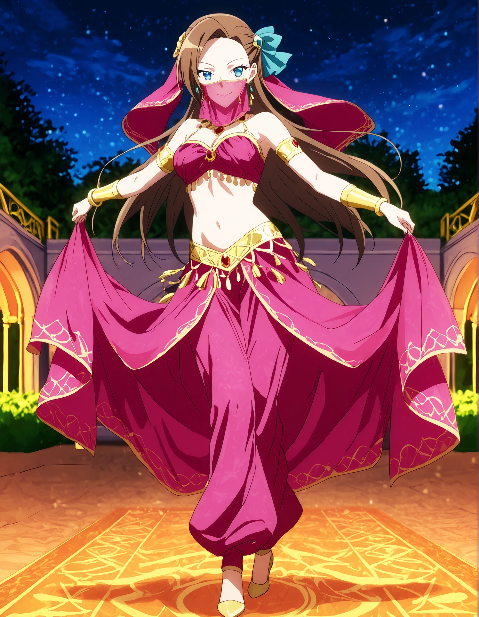 (1girl:1 . 5) , (Seul:1 . 5) , score_9 , score_8_haut , score_7_haut , source_anime , Official work  , ultra-detailed , masterpiece , best quality , high resolution , beaux yeux , detailed eyes , Detailed face , beautiful detailed eyes,1girl, long hair, bangs, brown hair, blue eyes, asymmetrical bangs,hair ornament,hair bow,- My Next Life as a Villainess: All Routes Lead to Doom! ,Catarina Claes,Arabian Clothes , Arabian Dancer Outfit ,belly dancer costume,belly dancer outfit ,full body,golden jewelery,mouth veil,armlet, belly dancing,night,arabian garden,seductive smile, dancing with veil, dynamic movement,dance posture, seductive pose