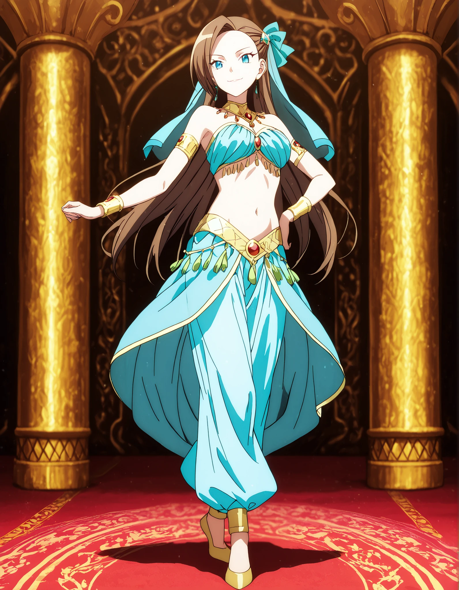 (1girl:1 . 5) , (Seul:1 . 5) , score_9 , score_8_haut , score_7_haut , source_anime , Official work  , ultra-detailed , masterpiece , best quality , high resolution , beaux yeux , detailed eyes , Detailed face , beautiful detailed eyes,1girl, long hair, bangs, brown hair, blue eyes, asymmetrical bangs,hair ornament,hair bow,- My Next Life as a Villainess: All Routes Lead to Doom! ,Catarina Claes,Arabian Clothes , Arabian Dancer Outfit ,belly dancer costume,belly dancer outfit ,full body,golden jewelery,armlet, belly dancing,arabian garden,seductive smile, dancing with veil, dynamic movement,dance posture, seductive pose