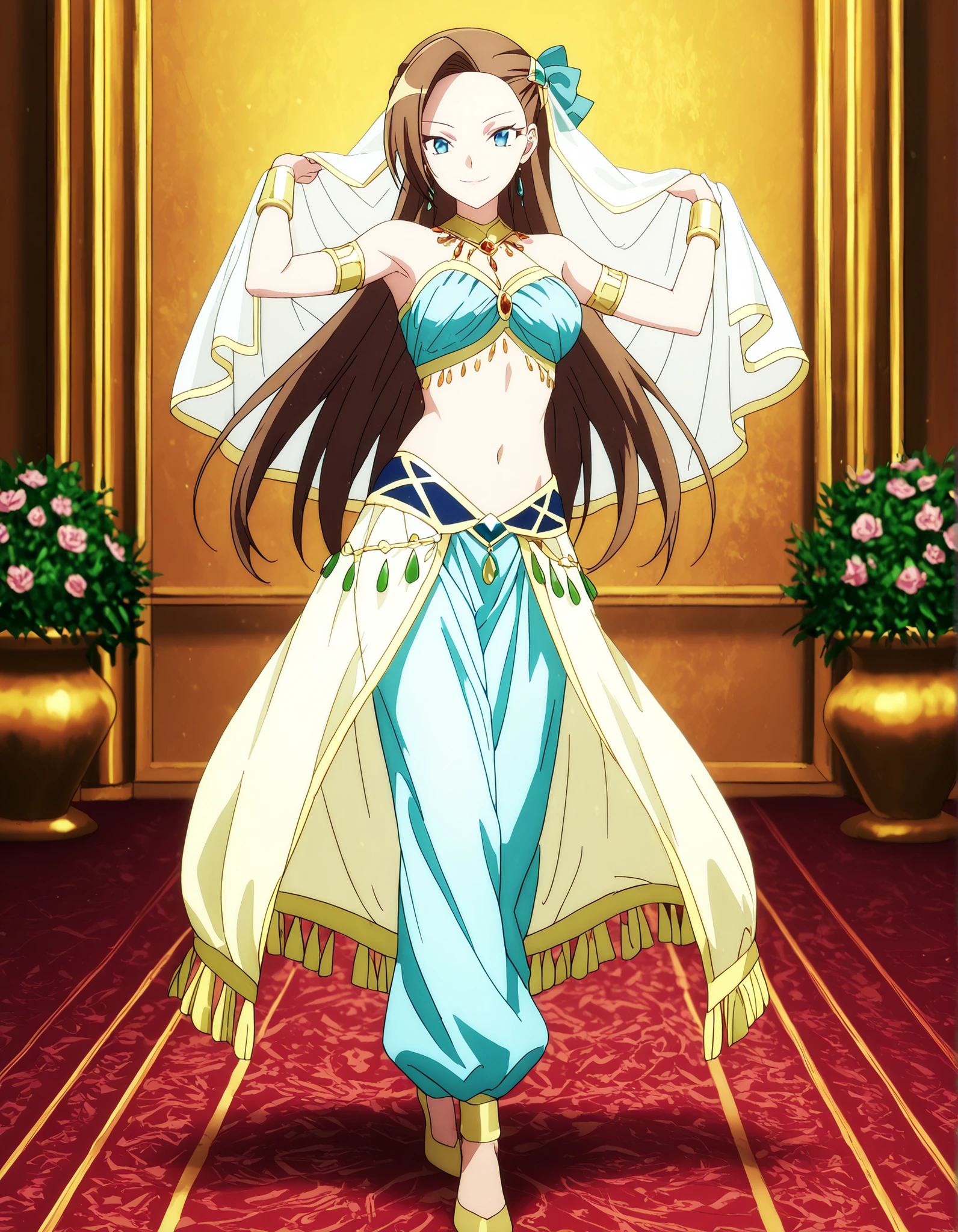 (1girl:1 . 5) , (Seul:1 . 5) , score_9 , score_8_haut , score_7_haut , source_anime , Official work  , ultra-detailed , masterpiece , best quality , high resolution , beaux yeux , detailed eyes , Detailed face , beautiful detailed eyes,1girl, long hair, bangs, brown hair, blue eyes, asymmetrical bangs,hair ornament,hair bow,- My Next Life as a Villainess: All Routes Lead to Doom! ,Catarina Claes,Arabian Clothes , Arabian Dancer Outfit ,belly dancer costume,belly dancer outfit ,full body,golden jewelery,armlet, belly dancing,arabian garden,seductive smile, dancing with veil, dynamic movement,dance posture, seductive pose