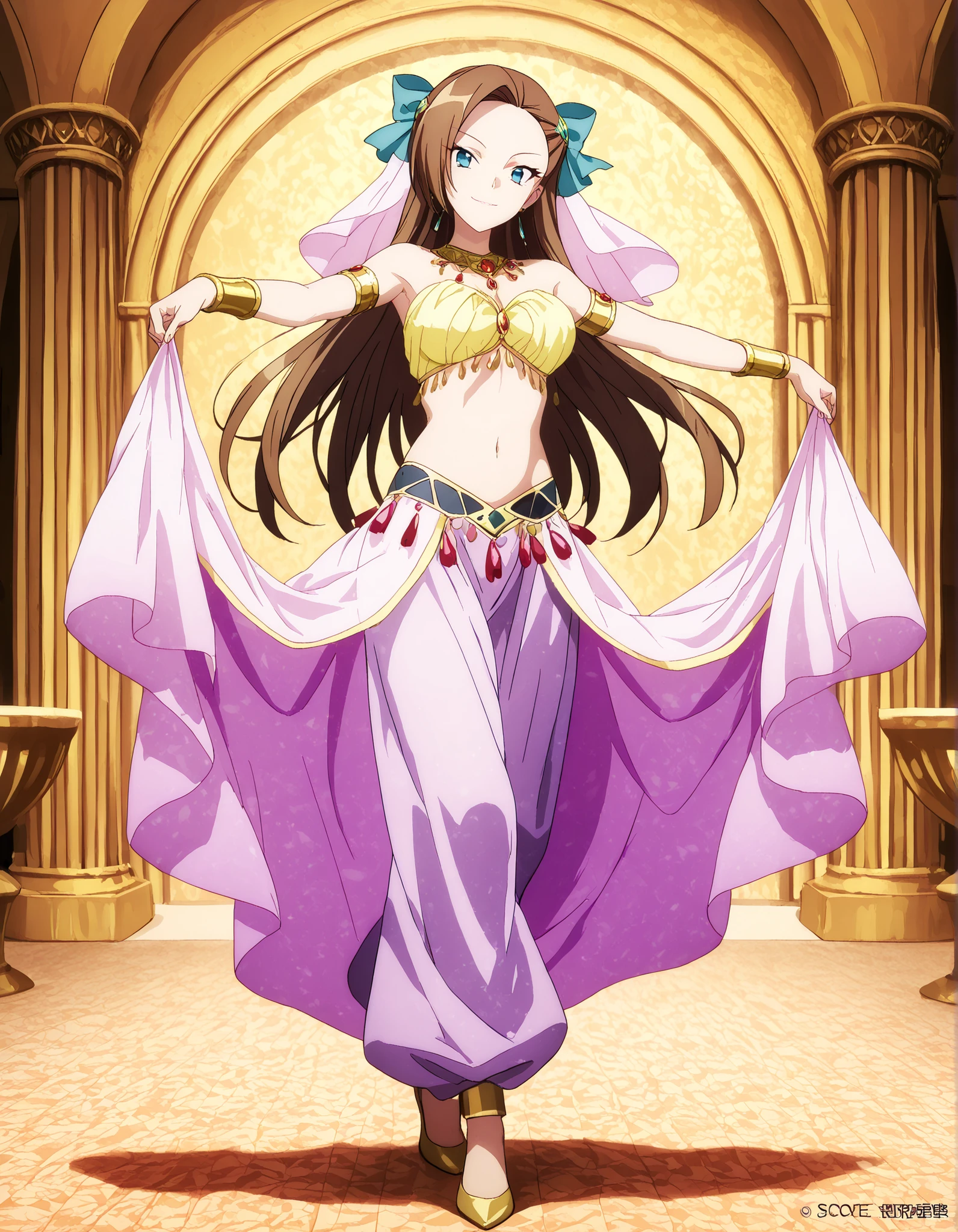(1girl:1 . 5) , (Seul:1 . 5) , score_9 , score_8_haut , score_7_haut , source_anime , Official work  , ultra-detailed , masterpiece , best quality , high resolution , beaux yeux , detailed eyes , Detailed face , beautiful detailed eyes,1girl, long hair, bangs, brown hair, blue eyes, asymmetrical bangs,hair ornament,hair bow,- My Next Life as a Villainess: All Routes Lead to Doom! ,Catarina Claes,Arabian Clothes , Arabian Dancer Outfit ,belly dancer costume,belly dancer outfit ,full body,golden jewelery,armlet, belly dancing,arabian garden,seductive smile, dancing with veil, dynamic movement,dance posture, seductive pose