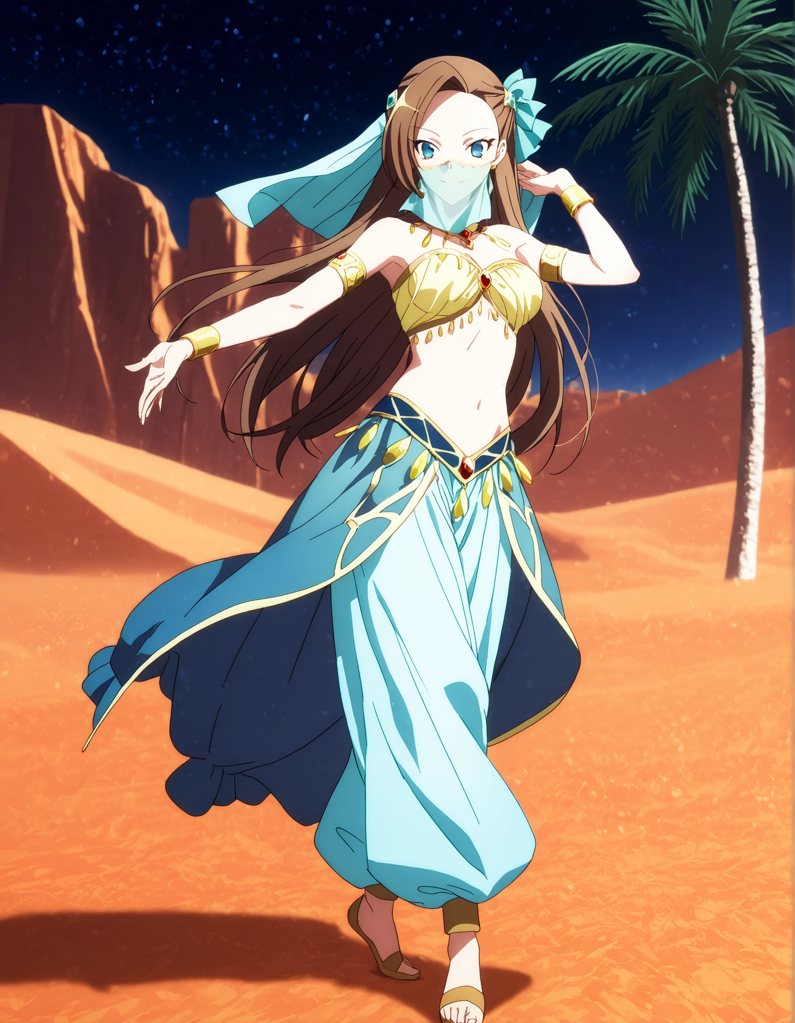 (1girl:1 . 5) , (Seul:1 . 5) , score_9 , score_8_haut , score_7_haut , source_anime , Official work , ultra-detailed , masterpiece , best quality , high resolution , beaux yeux , detailed eyes , Detailed face , beautiful detailed eyes,1girl, long hair, bangs, brown hair, blue eyes, asymmetrical bangs,hair ornament,hair bow,- My Next Life as a Villainess: All Routes Lead to Doom! ,Catarina Claes,Arabian Clothes , Arabian Dancer Outfit ,belly dancer costume,belly dancer outfit ,full body,golden jewelery,mouth veil,armlet, belly dancing,night,desert lands,palm tree,seductive smile, dancing with veil, dynamic movement,dance posture, seductive pose