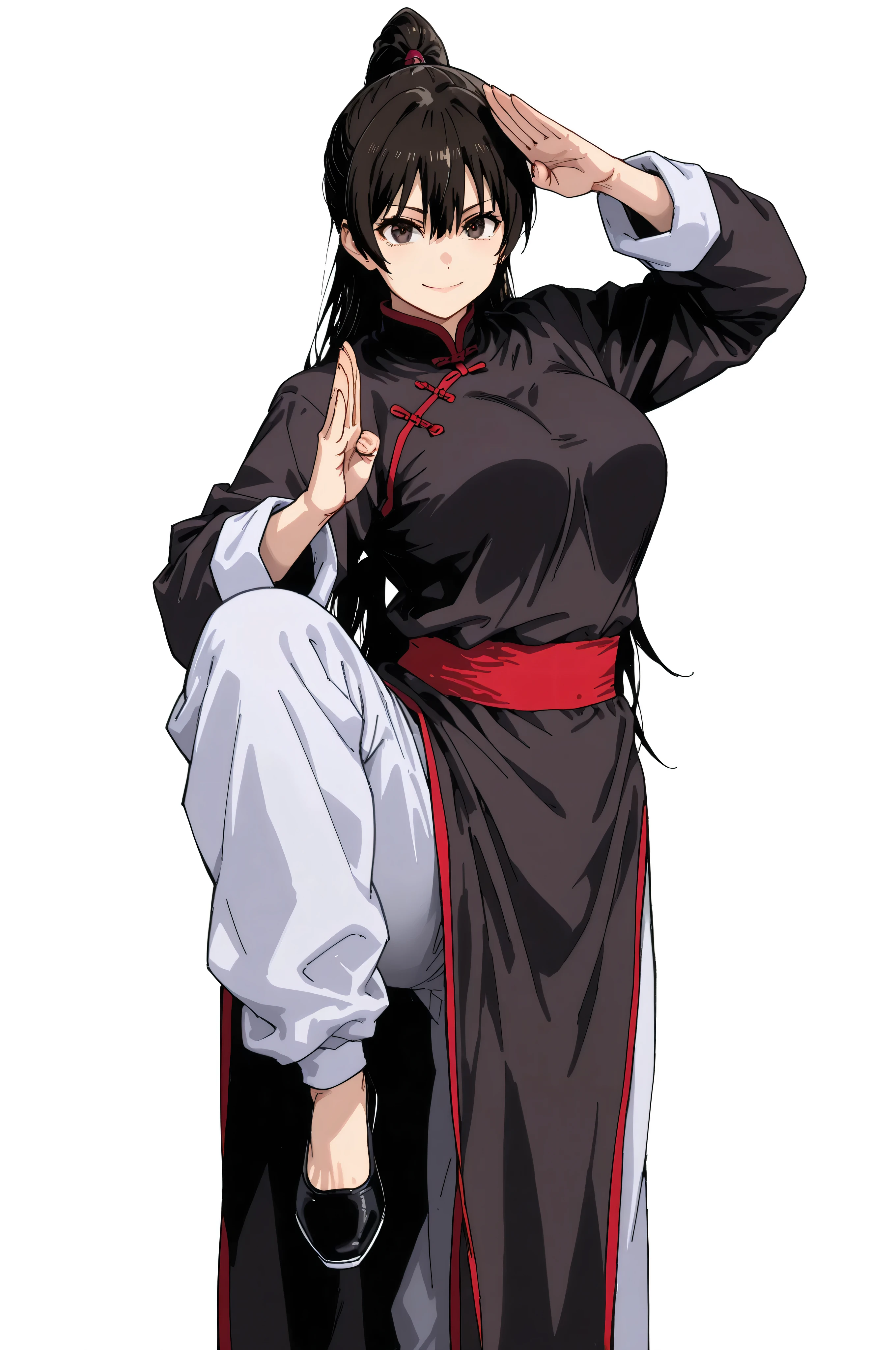 gsfghtr, multicolored robe, chinese clothes,KungFuUniform,score_9, score_8_up, score_7_up, gsfghtr, 1girl, smile serious, long ponytail, kohei horitoshi, white background, mature female, breasts, kung fu stance, view from head to thigh, standing on one leg, pants, 