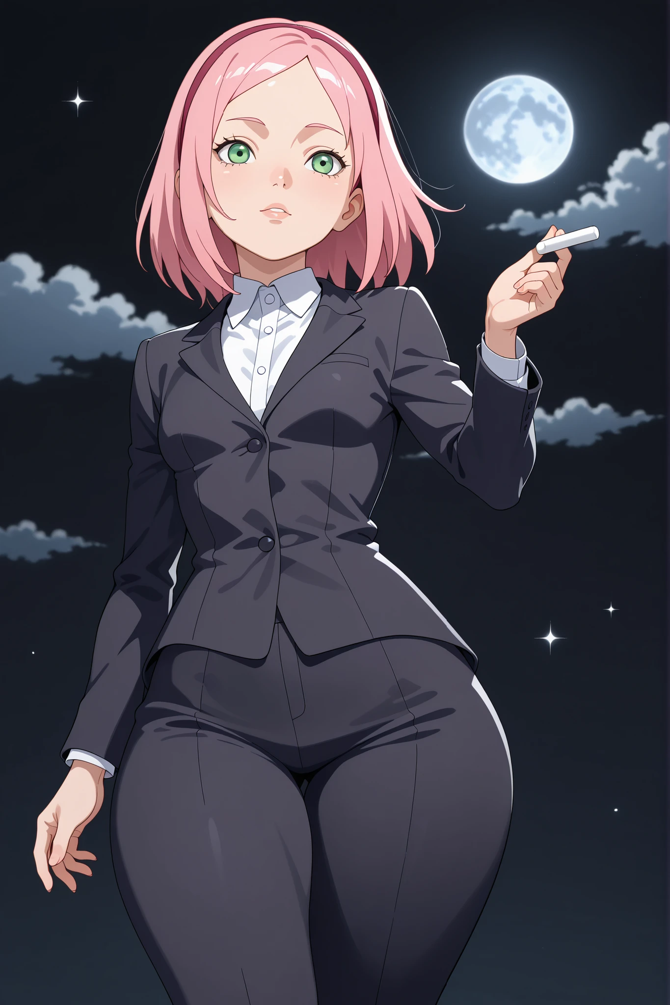 Sakura Haruno. small , huge , pink hair, medium hair, light green eyes, thin lips, very fair skin, big forehead. | chalk,black background, moon background, howl at the moon, suit, cloudy