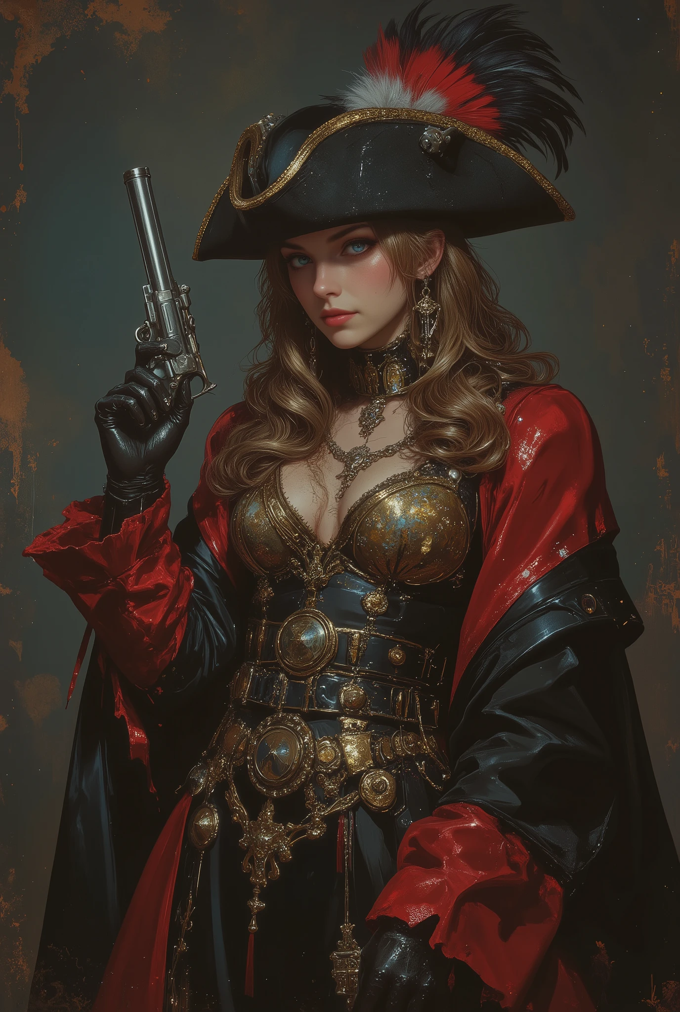 a highly detailed, digital artwork depicting a female pirate or naval officer in a baroque, steampunk-inspired costume. The subject stands confidently against a dark, textured background that resembles an aged, weathered wall with subtle brown and orange hues. She has light brown, wavy hair peeking out from beneath an elaborate black tricorn hat adorned with a red, white, and black feather, and an ornate golden brooch. Her striking blue eyes are accentuated by dark eyeliner and she has a slight, confident smile.
She is dressed in a richly textured, black and gold corseted gown with red velvet sleeves, trimmed with black lace. The gown features intricate gold embroidery and is cinched at the waist with a detailed black belt adorned with a large, round, golden buckle. Her black leather gloves are adorned with small golden buttons, and she holds a detailed, silver pistol in her right hand, pointing downward. A silver pendant hangs from a black choker around her neck. The overall style is reminiscent of 18th-century pirate attire with a modern steampunk twist, blending historical elements with futuristic design. The textures of the fabric, leather, and metal are highly realistic, adding depth and richness to the image.