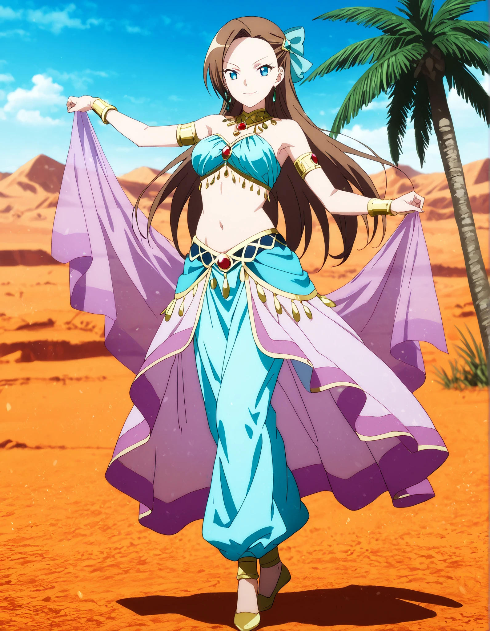 1girl:1 . 5) , (Seul:1 . 5) , score_9 , score_8_haut , score_7_haut , source_anime , Official work  , ultra-detailed , masterpiece , best quality , high resolution , beaux yeux , detailed eyes , Detailed face , beautiful detailed eyes,1girl, long hair, bangs, brown hair, blue eyes, asymmetrical bangs,hair ornament,hair bow,- My Next Life as a Villainess: All Routes Lead to Doom! ,Catarina Claes,Arabian Clothes , Arabian Dancer Outfit ,belly dancer costume,belly dancer outfit ,full body,golden jewelery,armlet, belly dancing,desert lands,palm tree,seductive smile, dancing with veil, dynamic movement,dance posture, seductive pose