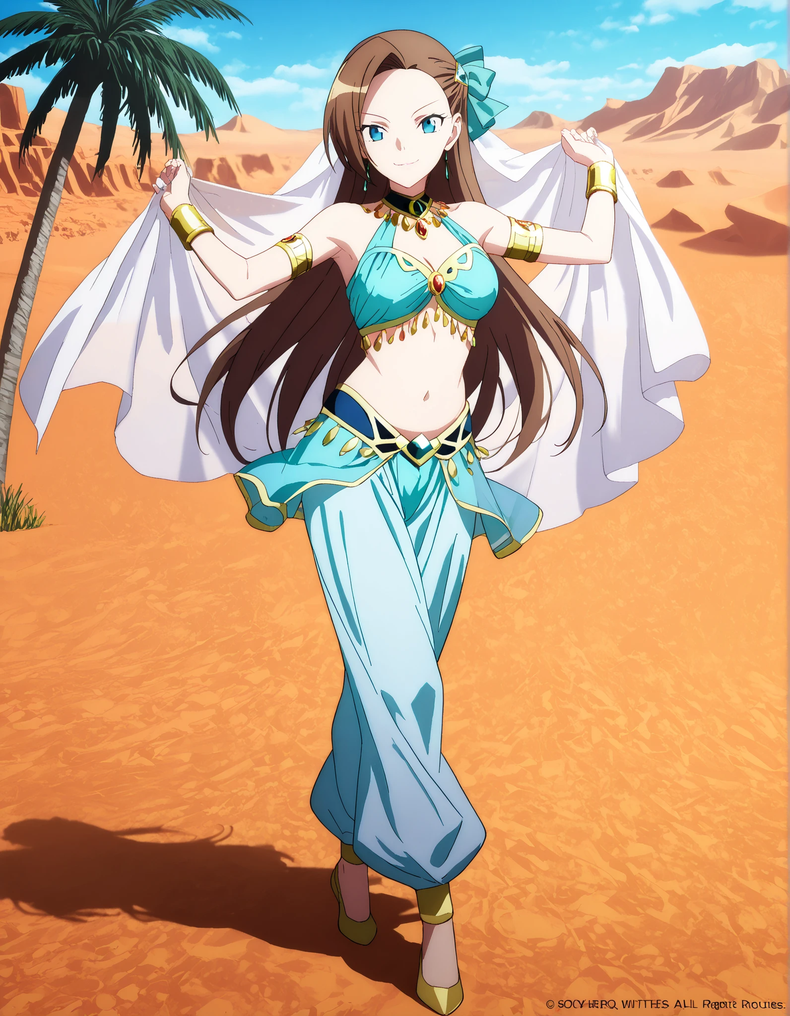 1girl:1 . 5) , (Seul:1 . 5) , score_9 , score_8_haut , score_7_haut , source_anime , Official work  , ultra-detailed , masterpiece , best quality , high resolution , beaux yeux , detailed eyes , Detailed face , beautiful detailed eyes,1girl, long hair, bangs, brown hair, blue eyes, asymmetrical bangs,hair ornament,hair bow,- My Next Life as a Villainess: All Routes Lead to Doom! ,Catarina Claes,Arabian Clothes , Arabian Dancer Outfit ,belly dancer costume,belly dancer outfit ,full body,golden jewelery,armlet, belly dancing,desert lands,palm tree,seductive smile, dancing with veil, dynamic movement,dance posture, seductive pose