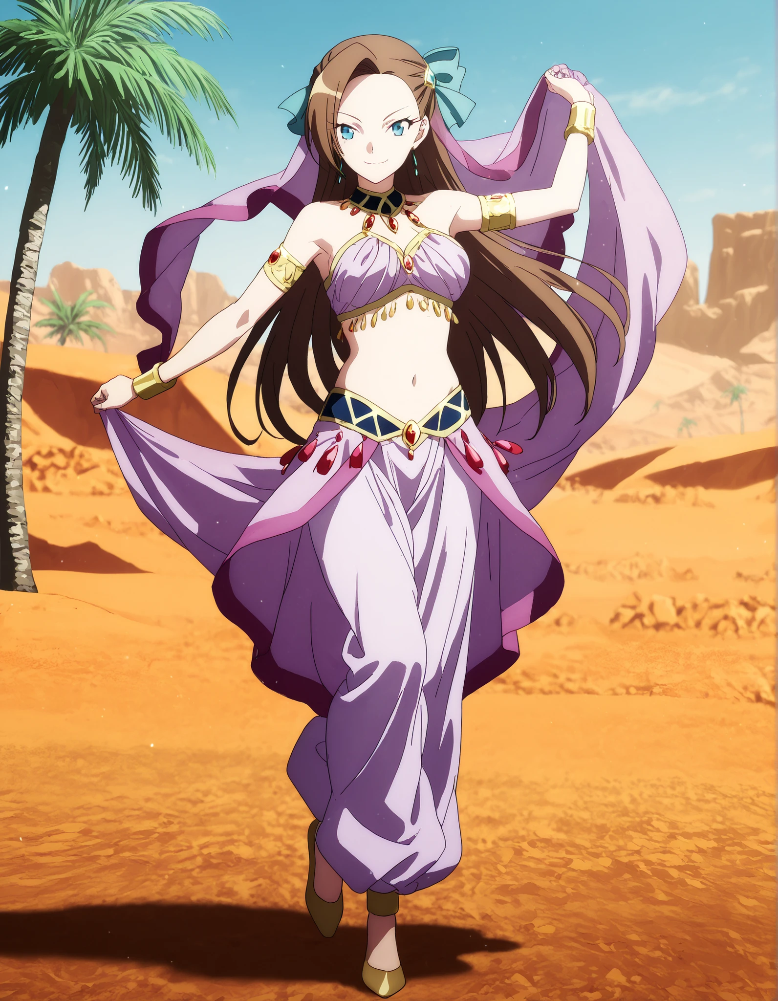 1girl:1 . 5) , (Seul:1 . 5) , score_9 , score_8_haut , score_7_haut , source_anime , Official work  , ultra-detailed , masterpiece , best quality , high resolution , beaux yeux , detailed eyes , Detailed face , beautiful detailed eyes,1girl, long hair, bangs, brown hair, blue eyes, asymmetrical bangs,hair ornament,hair bow,- My Next Life as a Villainess: All Routes Lead to Doom! ,Catarina Claes,Arabian Clothes , Arabian Dancer Outfit ,belly dancer costume,belly dancer outfit ,full body,golden jewelery,armlet, belly dancing,desert lands,palm tree,seductive smile, dancing with veil, dynamic movement,dance posture, seductive pose