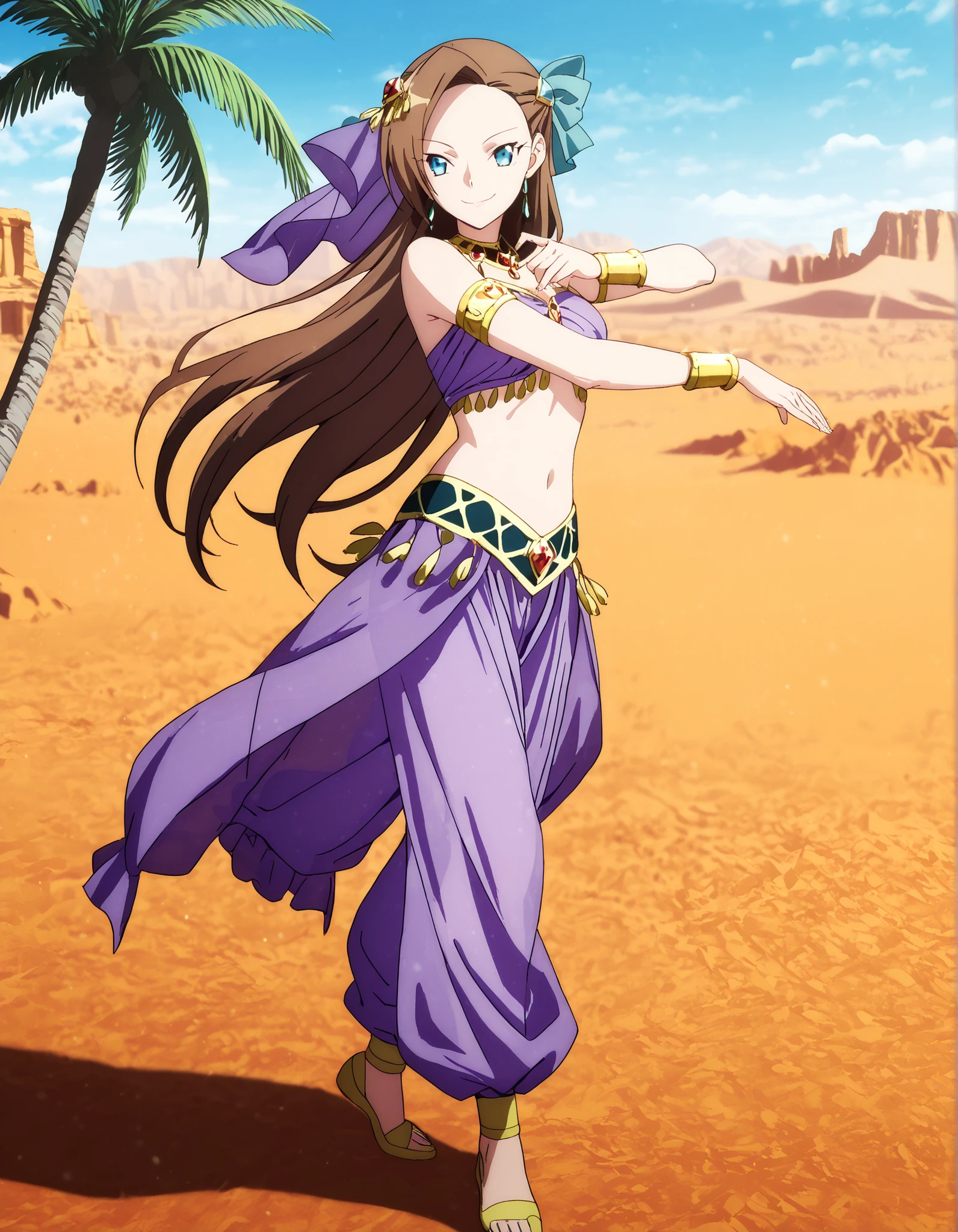 1girl:1 . 5) , (Seul:1 . 5) , score_9 , score_8_haut , score_7_haut , source_anime , Official work  , ultra-detailed , masterpiece , best quality , high resolution , beaux yeux , detailed eyes , Detailed face , beautiful detailed eyes,1girl, long hair, bangs, brown hair, blue eyes, asymmetrical bangs,hair ornament,hair bow,- My Next Life as a Villainess: All Routes Lead to Doom! ,Catarina Claes,Arabian Clothes , Arabian Dancer Outfit ,belly dancer costume,belly dancer outfit ,full body,golden jewelery,armlet, belly dancing,desert lands,palm tree,seductive smile, dancing with veil, dynamic movement,dance posture, seductive pose