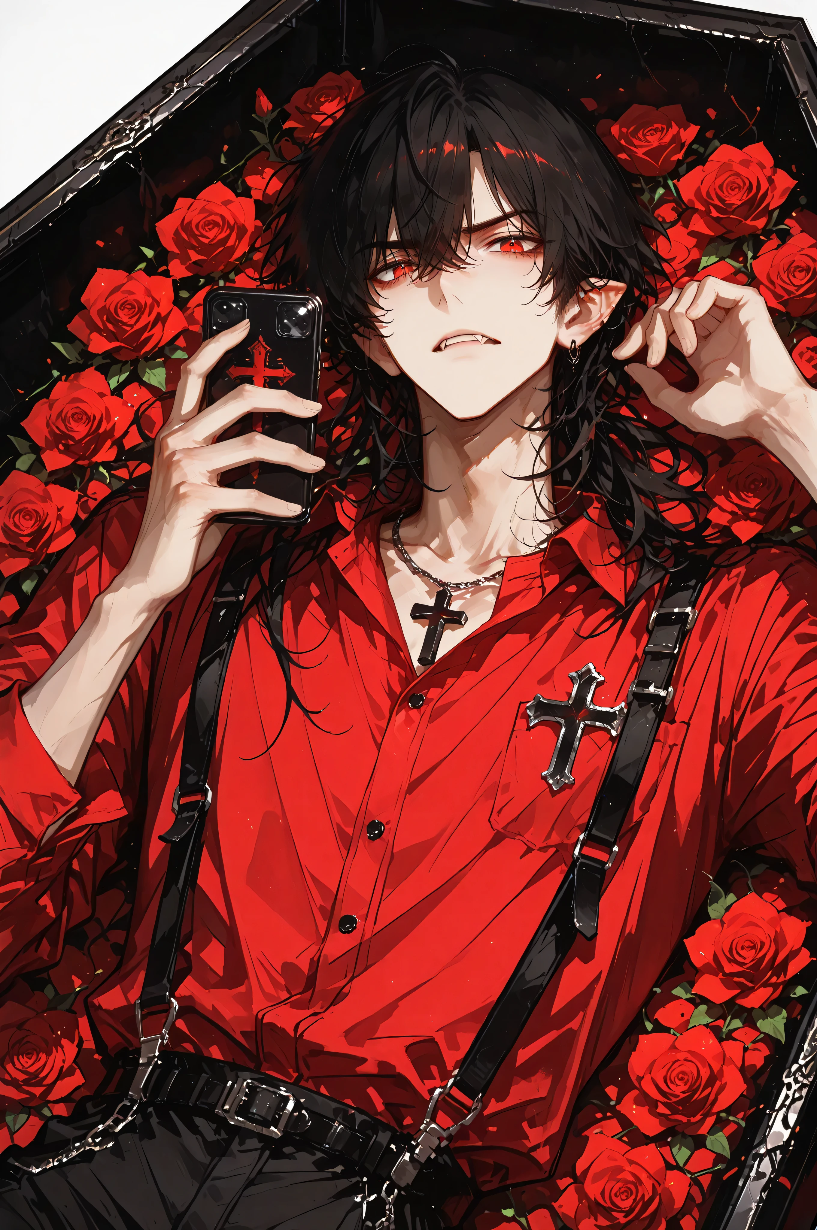 masterpiece, best quality, high resolution, detailed illustration, anime style, close-up portrait, 2D handsome young man, age 25, alluring and sexy face, crimson sharp eyes, silky long black hair with bangs down, natural pale but healthy skin tone, annoyed expression, "shut up" attitude, subtle fangs visible, sharp pointed ears, languid yet intimidating gaze, red shirt with black suspenders, small black cross emblem on shirt, gothic casual style, lying inside a black coffin filled with vivid red roses, holding a smartphone clearly in one hand, phone visible, focus on upper body and face, dynamic tilted angle, elegant yet rebellious atmosphere