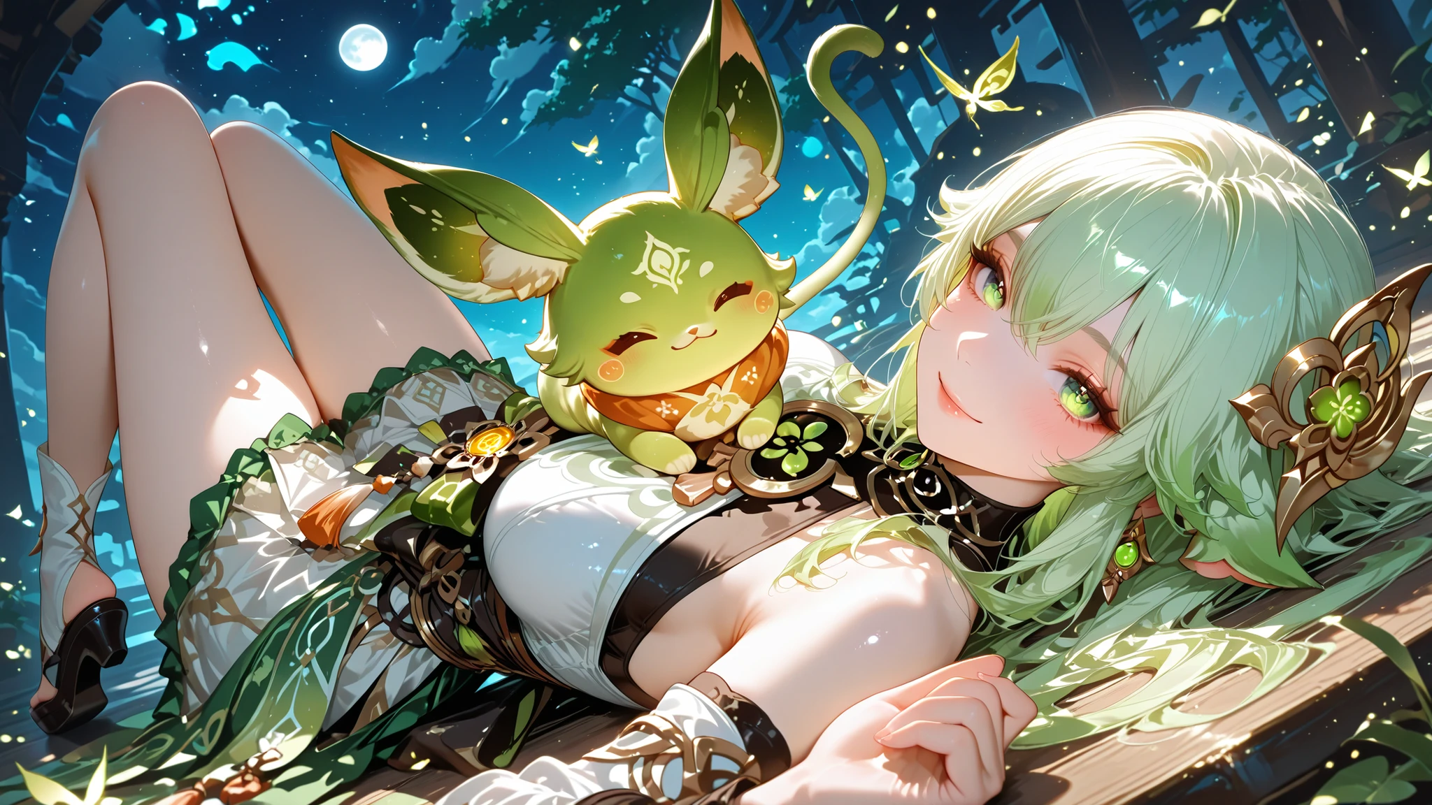 Yar miko genshin impact, smile, semi realistic, cute, glow, dynamic pose, lying on her back, dynamic angle, artistic