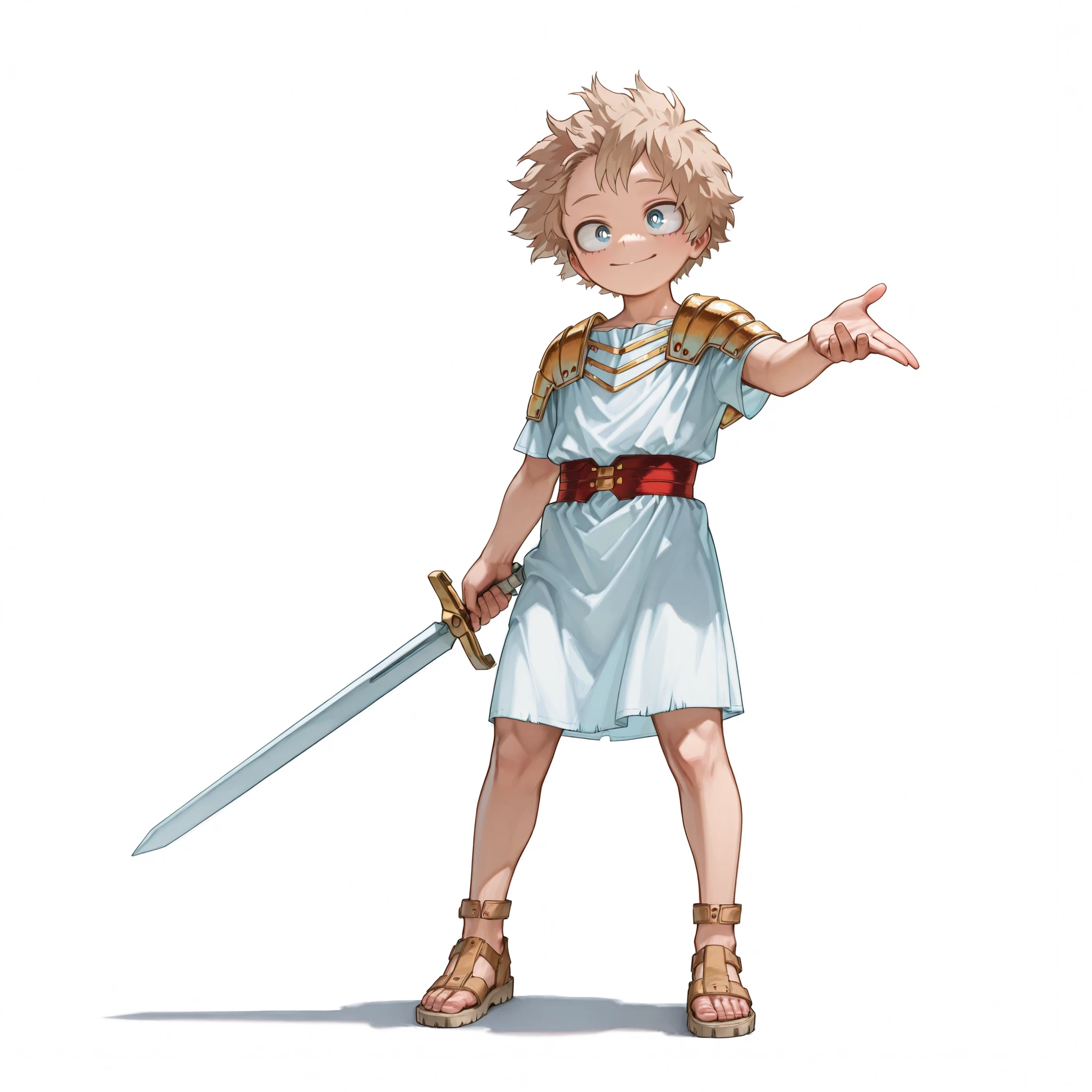 (male), (little boy), (slim body), (light brown hair), (blue eyes), (happy face), (solo), (single character), (full body version), (white background), (no background), (highly detailed), (shadow), (standing pose), (natural light), (detailed outfit), (detailed hand), (detailed face), (detailed hair)
Wearing a simple Roman-era outfit with a short white tunic tied at the waist by a red sash, small brown sandals, and a lightweight bronze shoulder guard, holding a small wooden training sword. (Boku no Hero academia style art)