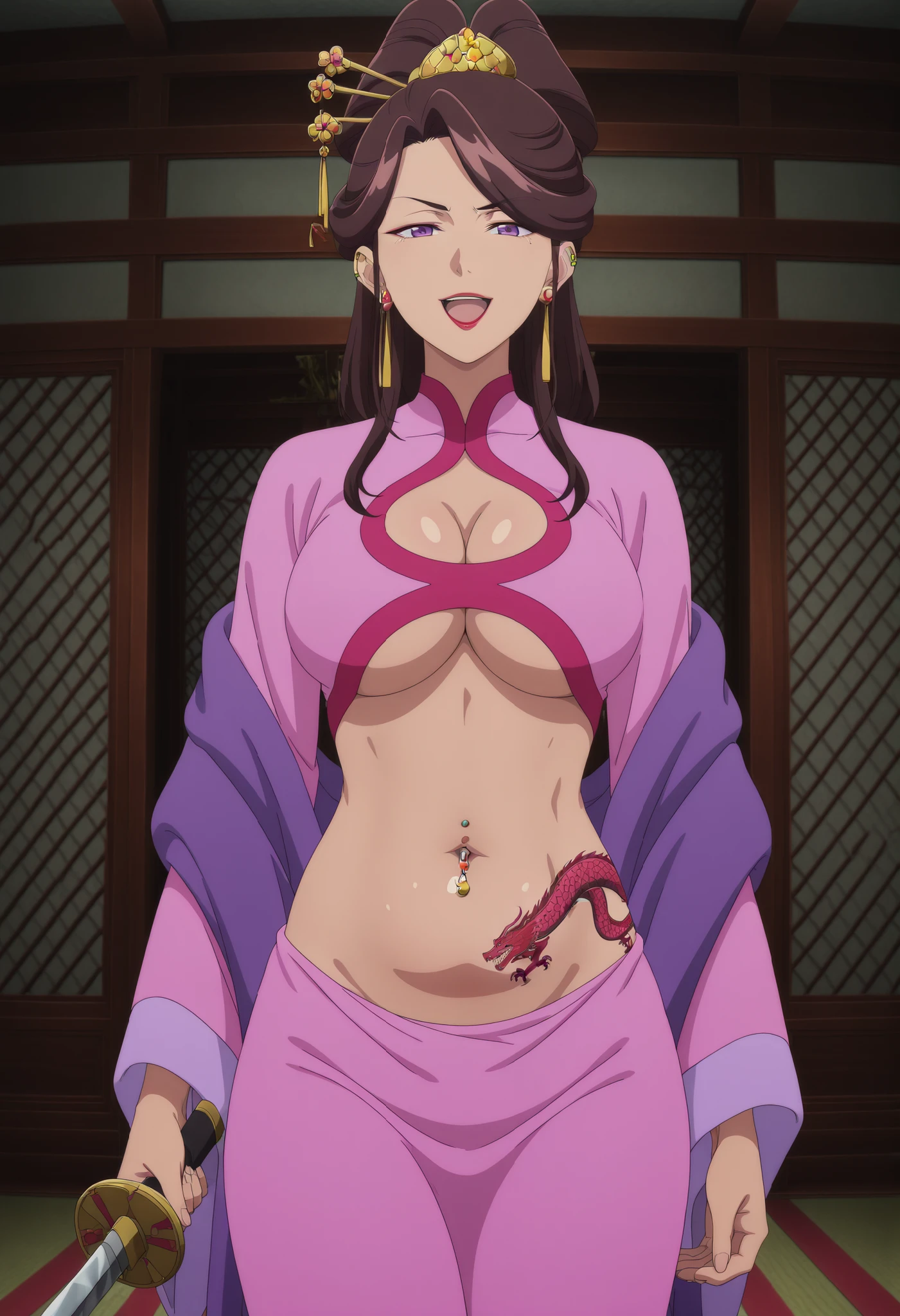 masterpiece, best quality, amazing quality, 1girl,
 KJOasis, brown hair, purple eyes, half updo, double hair bun, hair ornament, swept bangs, lipstick, hair stick,
Pink kimono, purple shawl, wide sleeves, 
, serious,  looking at viewer, slim belly,
east asian architecture, indoors, , curtains,holding sword, 
medium large Breasts, mature female,  ear piercing, long hair, , lipstick,Hot girl, baddie, , sensual, attractive ,, masterpiece,high
quality,4k,belly,,,cleavage, ,, smile, open
mouth, (nsfw) not safe for work, evil expression,belly, exposed navel, exposed midriff, cleavage cutout, ,
exposed lower belly,, dragon tattoo on waist, narrowed eyes, tattoo on waist, anipai_style , anime screencap , anime coloring, v-shape eyebrows,,, navel piercing, underboob