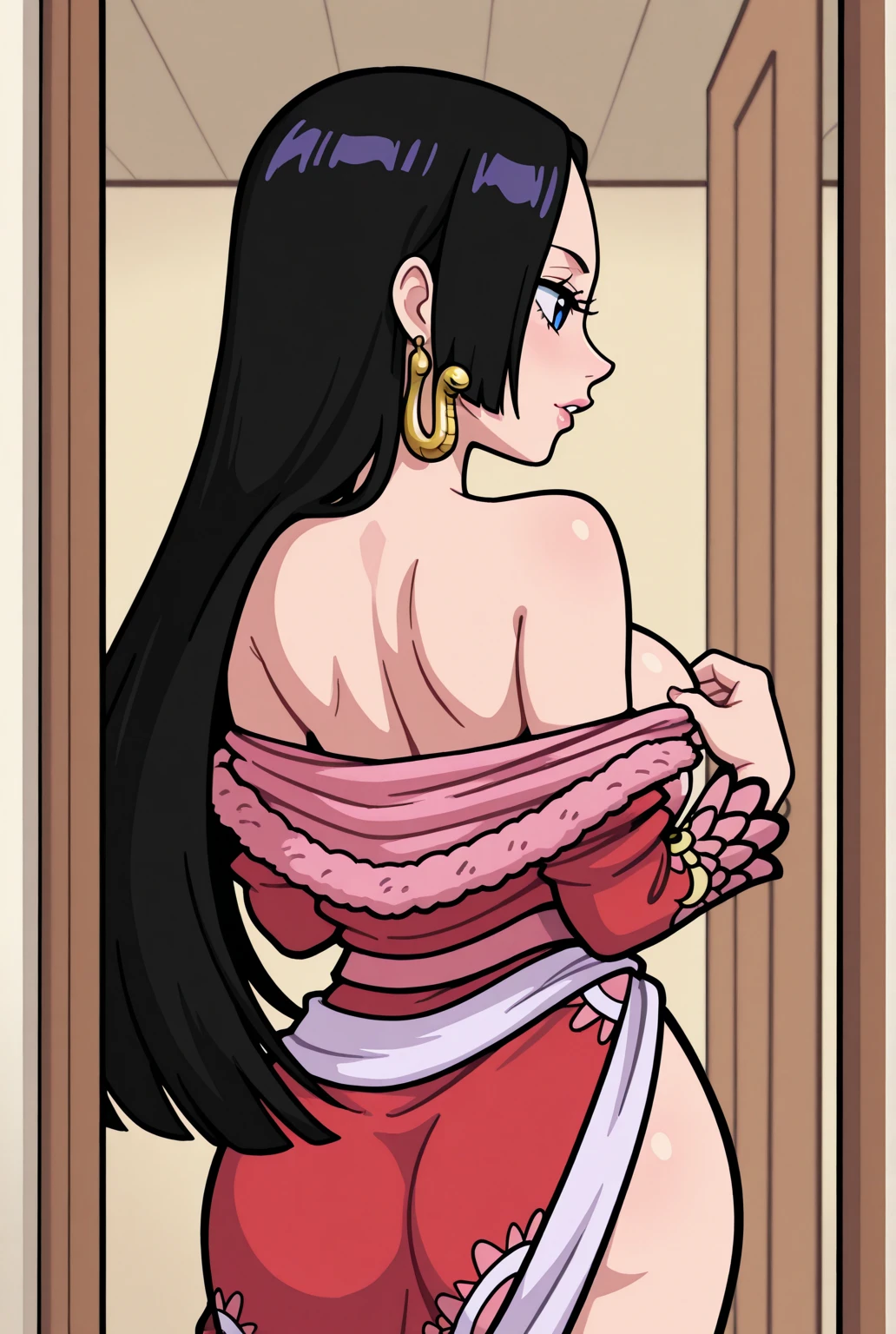 score_9, score_8_up, score_7_up, score_6_up, score_5_up, score_4_up,source_anime, indoors in a palace, looking back, embarassed expression<lora:Smooth Anime Style LoRA XL:1>  <lora: n1k0r0b1nmangaPONYV1:1> n1k0r0b1nps, black hair, 1girl, solo, long hair, hair slicked back, purple jacket ,sarong, eyewear on head