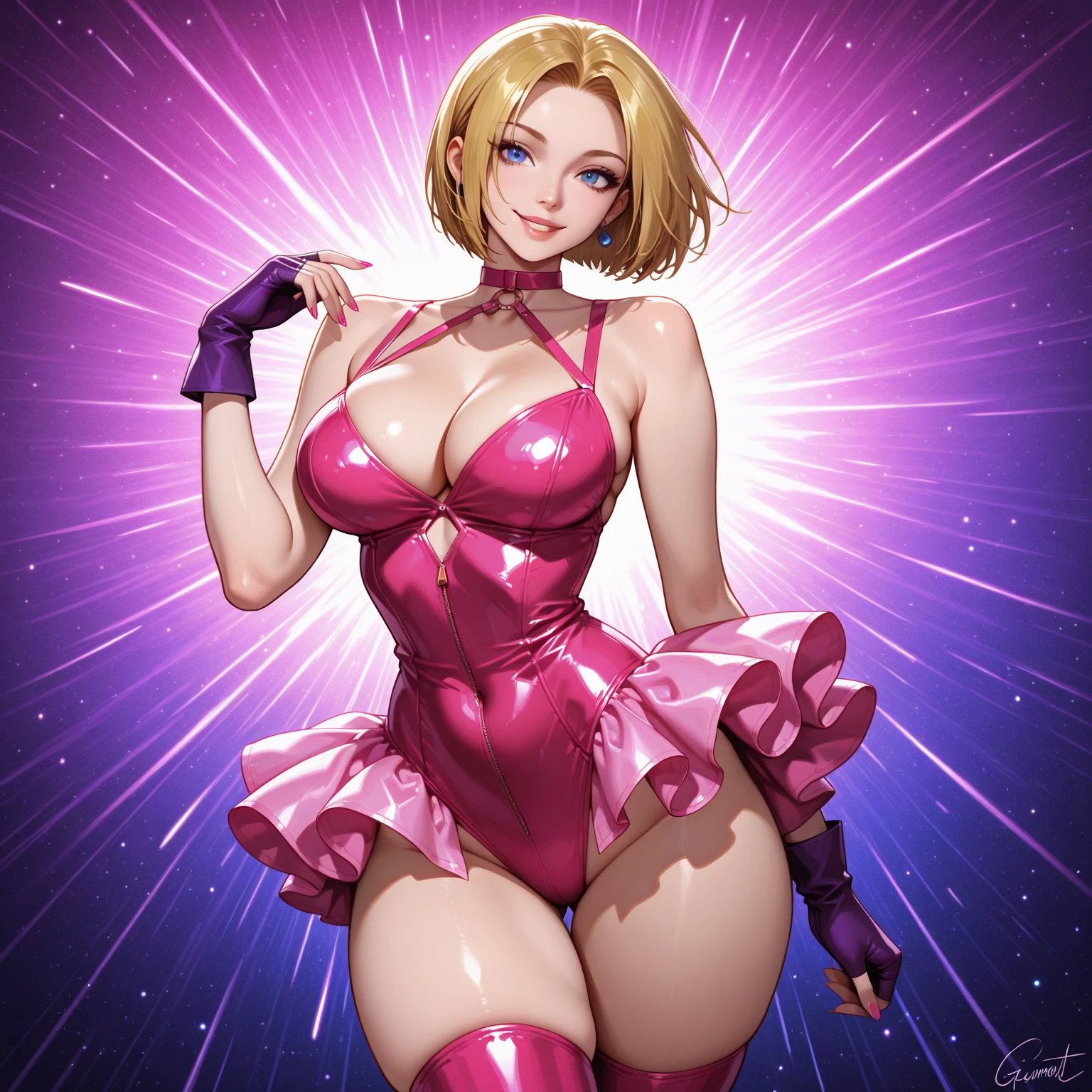 Blonde girl with short hair, blue eyes, smiling in party pose, wearing a short and tight pink mini dress, Neckline dress , and showing her thighs, wearing A pink fur stole draped over the shoulders 