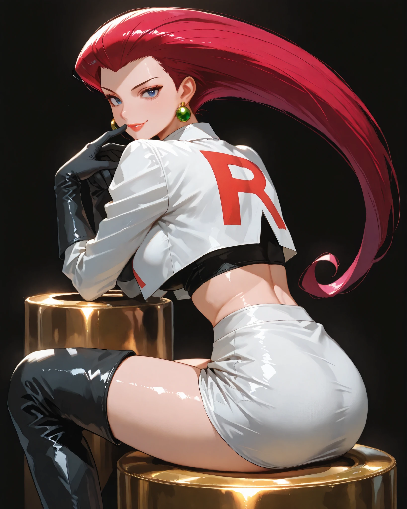 closeup, Sluisap, olhos、Soviet Union、gbf_estilo、748cmestilo、32 mil、semi-realista、 super detailed description 、、Obras originais、 Cor Detalhada、 detailed olhos、 detailed lips 、 A Maior Obra-Prima、 Professional work 、mama normal, Pokémon character , Jessica, Jessica, (Jessica cosplay :1.3) Sensual , cowboy shooting, corpo brilhante, quadro completo, full length, ( Dedos perfeitos:1.3) , corpo brilhante, Dedos perfeitos:1.3, pose sedutora , fundo preto , fundo escuro , wearing a short white blouse with a large "R" vermelho (Team Rocket logo), High-waisted mini white skirt, long black gloves and thigh-high black boots, Black t-shirt or belly cover, gold hoop earrings, sorriso, sentado, vista traseira, looking over the shoulders toward the spectator, cabelos abertos,