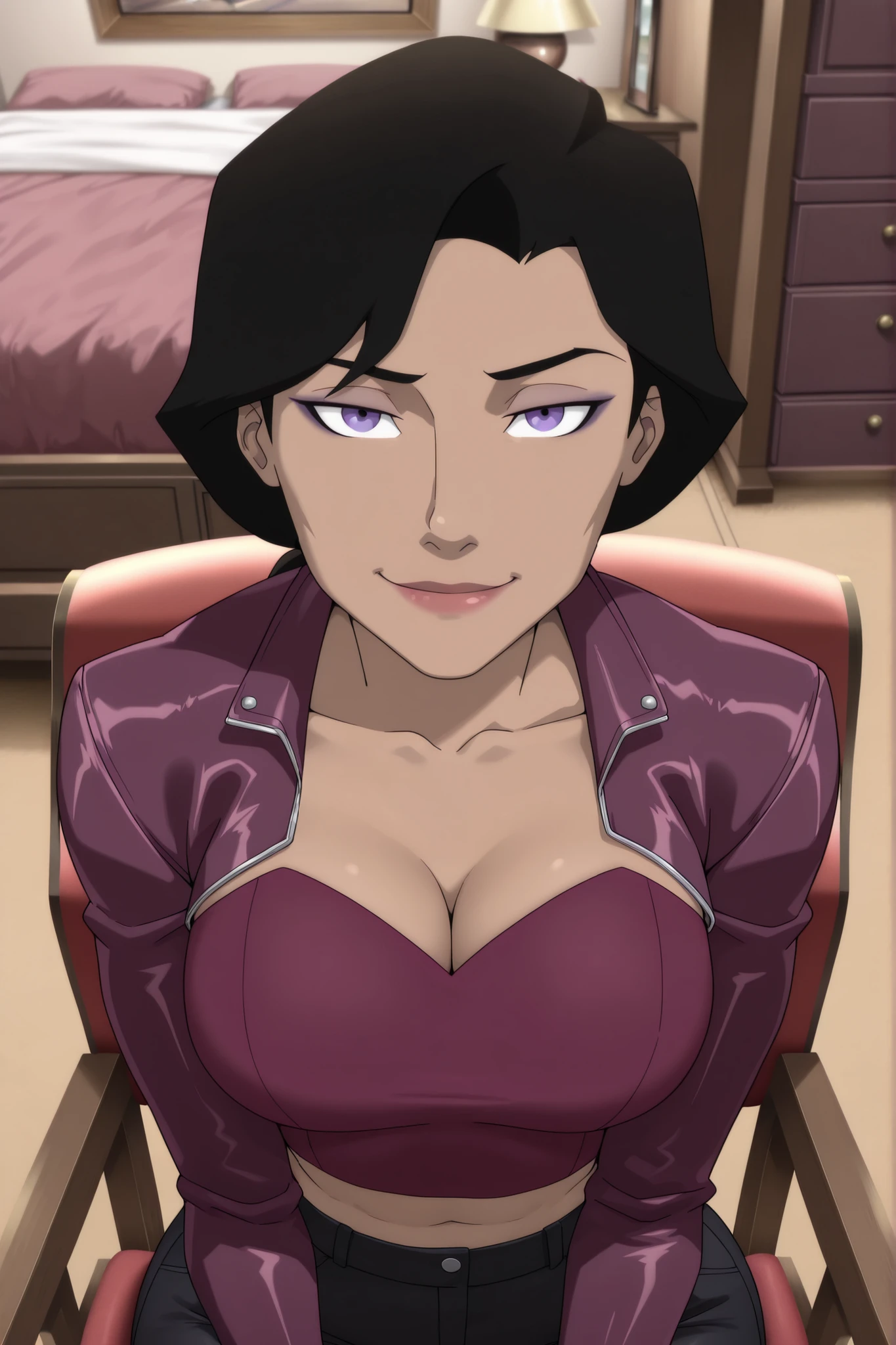 ((parody), perfect anatomy, perfect eyes) BREAK lois lane, black hair, ponytail, purple eyes, lipstick, makeup, ((looking at viewer)), large breasts, busty, cleavage, curvy, athletic, long sleeves, purple leather jacket, purple crop top, black jeans, teasing viewer, seducing viewer, bedroom, indoors, sitting in chair, closeup, portrait, smiling, closed mouth, seductive expression, bedroom eyes, upper body, portrait, closeup, high-angle view, dark purple eyeshadow