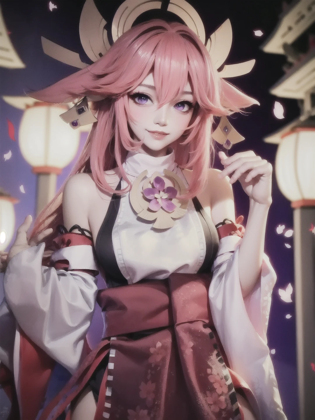 (Extreme Detail CG Unity 8K wallpaper, masterpiece, highest quality), (ulzzang-6500-v1.1:0.4) 1girl, kpop idol, yae miko, detached sleeves, pink hair, long hair, best quality, (photorealistic:1.2), (hair ornament:1.35), jewelry, fox ears, wearing face veil, (white face veil, silk mask veil:1.2), purple eyes, earrings, (very huge round breasts, big breasts: 1.2), torii, cherry blossoms, lantern light, depth of field, detailed face, face focus, (looking at viewer:1.25), shiny skin, long sleeves, cowboy shot, dynamic pose, (perfect proportions, sexypose:1.3), game cg, thigh highs, east asian architecture, blurry background, full body, elegant posture, focused expression, outdoor shrine setting, fantasy style,