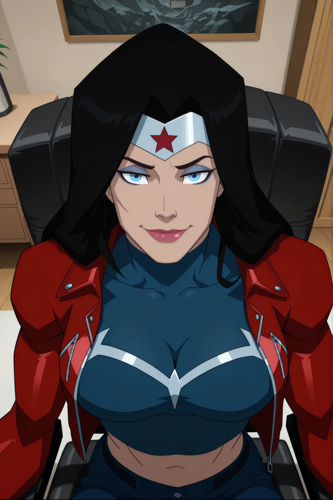 BREAK, score_6_up, score_7_up, score_8_up, score_9, 1girl, solo, long hair, blue eyes, black hair, bare shoulders, blue eyes, muscular female, midriff, bare shoulders, lipstick, makeup, wwBl00d, large breasts, busty, cleavage, curvy, athletic, looking at viewer, seducing viewer, teasing viewer, seductive expression, smiling, closed mouth, bedroom eyes, long sleeves, red leather jacket, blue crop top, blue jeans, indoors, bedroom, sitting in chair, closeup, portrait, upper body, high-angle view, blue eyeshadow