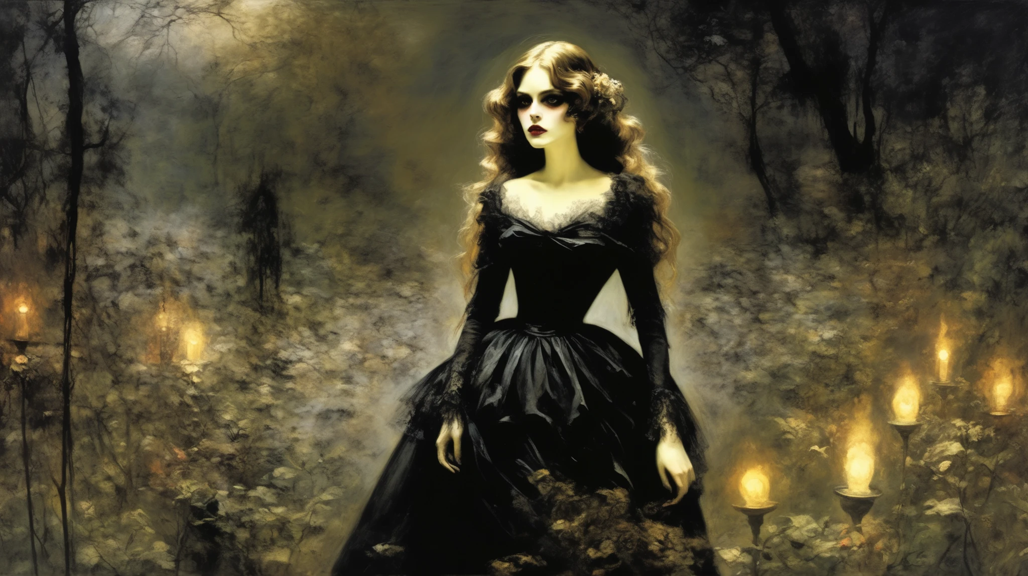 Adolph Menzel´s and Jasmine Becket-Griffith´s painting depicting A zombie vampire woman dressed in black, her dress transforms into a trail of dust, she walks through a dark and lifeless place at night , dark creatures hidden in the darkness, scary eyes watching her walk, horror mood, intricate, detailed, starlit, moody colors, high contrast, dramatic light with patterns