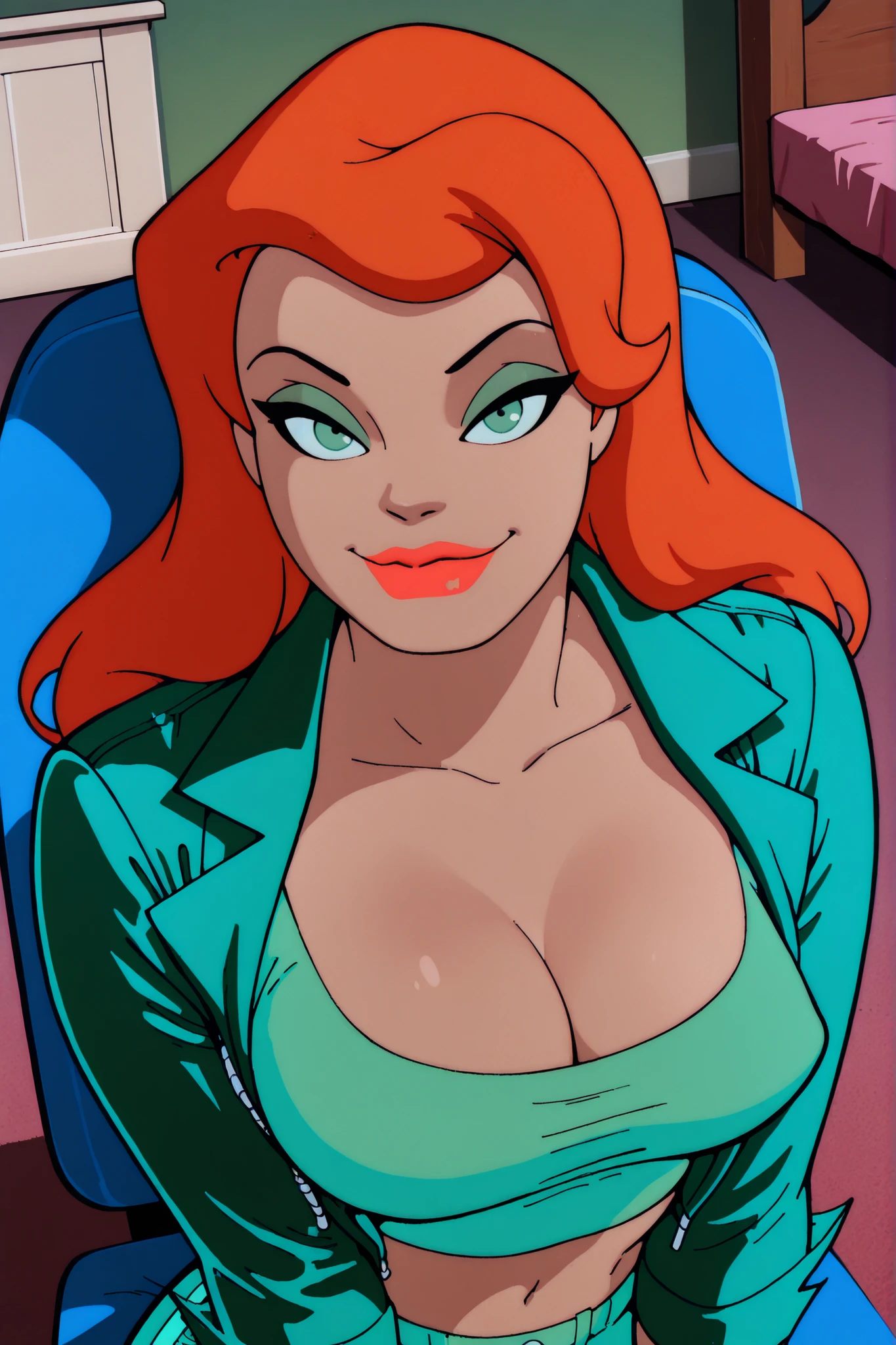 BREAK, score_6_up, score_7_up, score_8_up, score_9, Pamela Isley, 1girl, solo, orange hair, green eyes, lipstick, makeup, large breasts, cleavage, curvy, athletic, busty, masterpiece, best quality, newest, absurdres, ultra highres, amazing quality, very aesthetic, looking at viewer, seductive expression, bedroom eyes, smiling, closed mouth, seducing viewer, teasing viewer, long sleeves, green leather jacket, green crop top, green jeans, indoors, bedroom, sitting in chair, closeup, portrait, upper body, high-angle view, dark green eyeshadow