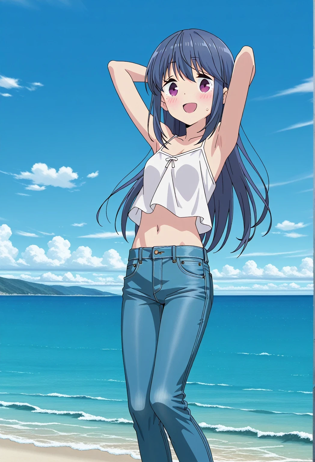 score_9, score_8_up, score_7_up, source_anime, highres, hi res, ((best quality, top quality, perfect quality, Highest Quality, amazing quality)), {{masterpiece}}, {{an extremely delicate and beautiful}}, 2d, intricate details, official style, anime, 8k, anime style, official_anime, official art, digital painting, cell shading, soft shading, high resolution, soothing tones, Subdued Color, Soft cinematic light, adobe lightroom, photolab, HDR, intricately and hyper-detailed, ((high quality animation)), 1 girl, Alone, solo, ((ocean)), tsunami, on the water, day, sunny, outdoors, sky, windy, rin shima, Yurucamp, blue hair, purple eyes, long hair, sidelocks, anime screencap, small breasts, white camisole top, crop top, white crop top, best quality, hyper-detailed jeans, ((blue jeans:1.9)), (dark blue jeans:0.6), full medium body, medium shot, small mouth, Open mouth, smiling, happy face, blush, sweat, standing, ((arms behind head:6.0)), bowlegged, jumping pose, action, looking at viewer, spread legs, Bend knees slightly, straight-on front view