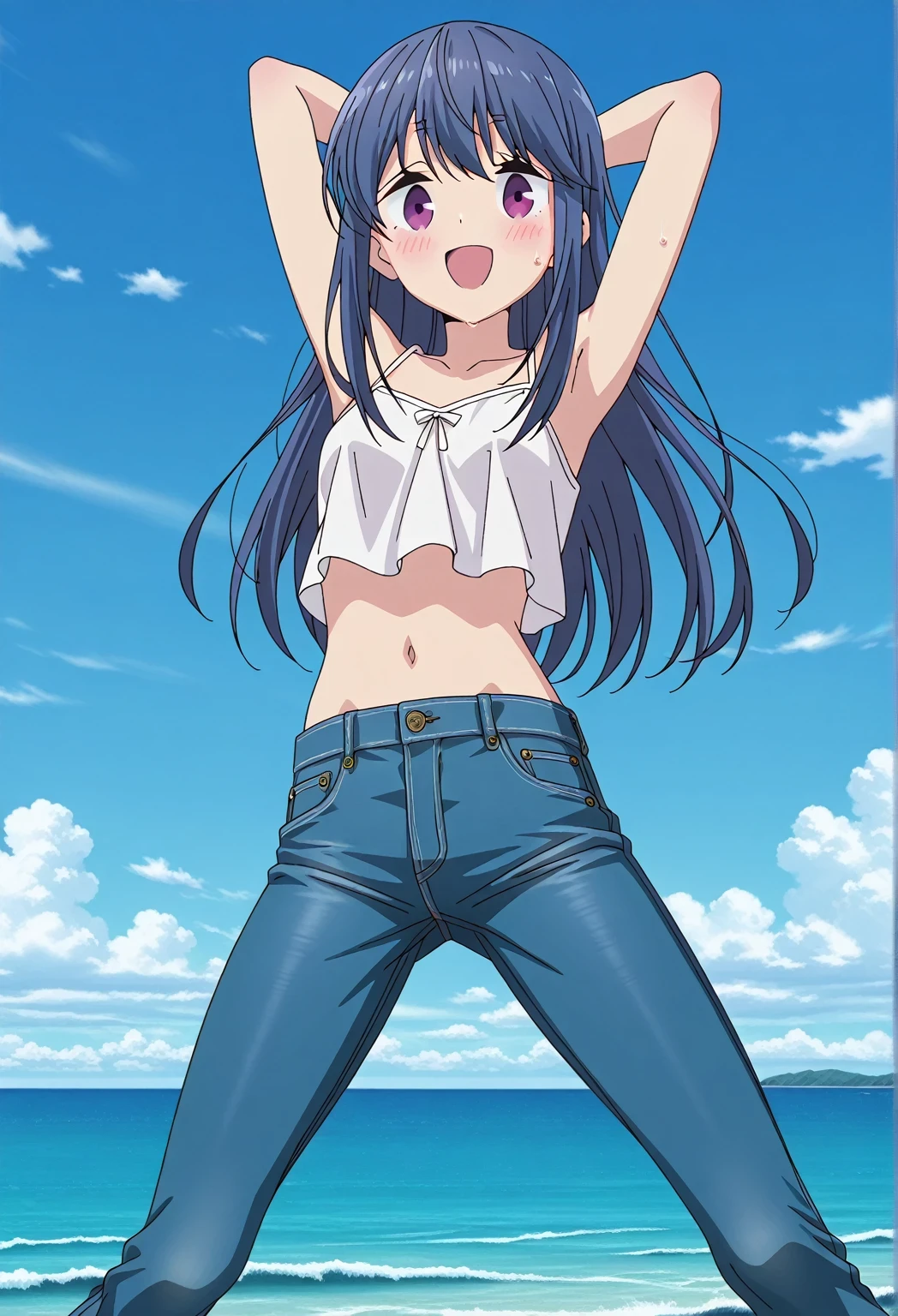 score_9, score_8_up, score_7_up, source_anime, highres, hi res, ((best quality, top quality, perfect quality, Highest Quality, amazing quality)), {{masterpiece}}, {{an extremely delicate and beautiful}}, 2d, intricate details, official style, anime, 8k, anime style, official_anime, official art, digital painting, cell shading, soft shading, high resolution, soothing tones, Subdued Color, Soft cinematic light, adobe lightroom, photolab, HDR, intricately and hyper-detailed, ((high quality animation)), 1 girl, Alone, solo, ((ocean)), tsunami, on the water, day, sunny, outdoors, sky, windy, rin shima, Yurucamp, blue hair, purple eyes, long hair, sidelocks, anime screencap, small breasts, white camisole top, crop top, white crop top, best quality, hyper-detailed jeans, ((blue jeans:1.9)), (dark blue jeans:0.6), full medium body, medium shot, small mouth, Open mouth, smiling, happy face, blush, sweat, standing, ((arms behind head:6.0)), bowlegged, jumping pose, action, looking at viewer, spread legs, Bend knees slightly, straight-on front view