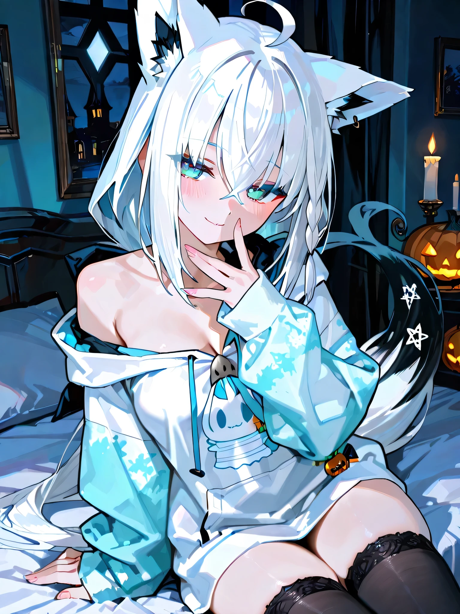 1 sexy gal , Shirakami Fubuki_(ホロライブ), solo, (masterpiece, top quality, highly detailed depiction, incredibly high resolution, high quality anime picture), (voluminous A-line silhouette), (seductive gestures),
Halloween theme, seductive pose, sitting on a bed at night, sheer ghost hoodie, body silhouette visible through fabric, white hair, fox ears, aqua blue eyes, moonlight and candlelight, anime style, soft glow, sultry expression, thigh-high stockings, exposed shoulders, pastel witch costume with translucent elements, pumpkins and candy around, gothic bedroom background