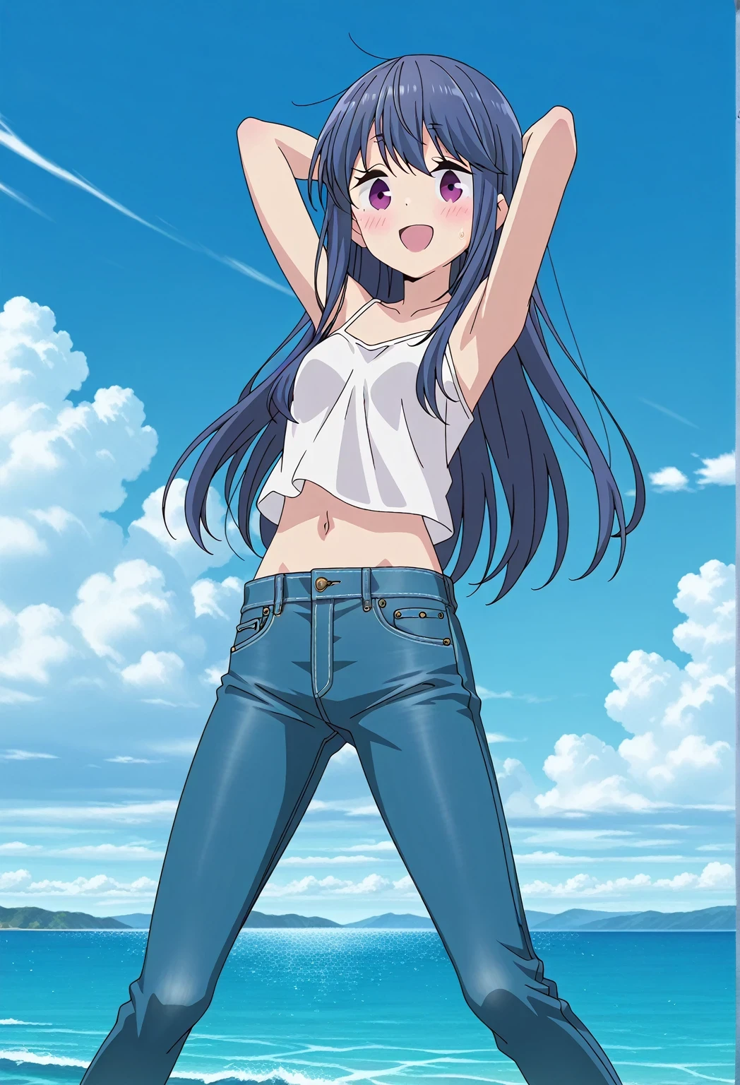 score_9, score_8_up, score_7_up, source_anime, highres, hi res, ((best quality, top quality, perfect quality, Highest Quality, amazing quality)), {{masterpiece}}, {{an extremely delicate and beautiful}}, 2d, intricate details, official style, anime, 8k, anime style, official_anime, official art, digital painting, cell shading, soft shading, high resolution, soothing tones, Subdued Color, Soft cinematic light, adobe lightroom, photolab, HDR, intricately and hyper-detailed, ((high quality animation)), 1 girl, Alone, solo, ((ocean)), tsunami, on the water, day, sunny, outdoors, sky, windy, rin shima, Yurucamp, blue hair, purple eyes, long hair, sidelocks, anime screencap, small breasts, white camisole top, crop top, white crop top, best quality, hyper-detailed jeans, ((blue jeans:1.9)), (dark blue jeans:0.6), full medium body, medium shot, small mouth, Open mouth, smiling, happy face, blush, sweat, standing, ((arms behind head:6.0)), bowlegged, jumping pose, action, looking at viewer, spread legs, Bend knees slightly, straight-on front view
