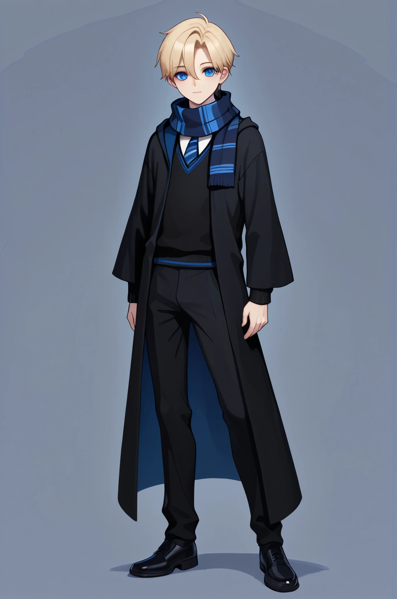 score_9, score_8_up, score_7_up, best quality, masterpiece, 4k resolution, 1boy, solo, youthful, full body, blonde hair, clean hair, tidy hair, neat hair, bangs, parted bangs, hair between eyes, short hair, blue eyes, sharp eyes, looking at viewer, confident posture, hogwarts uniform, ravenclaw, black robe, necktie, striped necktie, collared shirt, sweater, black pants, black sweater, dark blue scarf, wrapped scarf, black shoes, calm expression, cool expression,