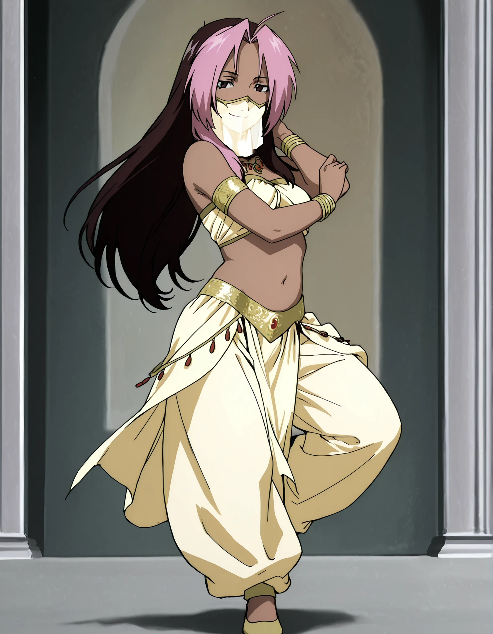 (1girl:1 . 5) , (Seul:1 . 5) , score_9 , score_8_haut , score_7_haut , source_anime , Official work , ultra-detailed , masterpiece , best quality , high resolution , beaux yeux , detailed eyes , Detailed face , beautiful detailed eyes,1girl,long hair, brown hair, pink hair, ahoge, multicolored hair, dark skin, two-tone hair, dark-skinned female, split-color hair, dyed bangs,FullMetal Alchemist,Rose Tomas,Arabian Clothes , Arabian Dancer Outfit ,belly dancer costume,belly dancer outfit ,full body,golden jewelery,mouth veil,armlet, belly dancing,arabian theater,seductive smile, dancing with veil, dynamic movement,dance posture, seductive pose